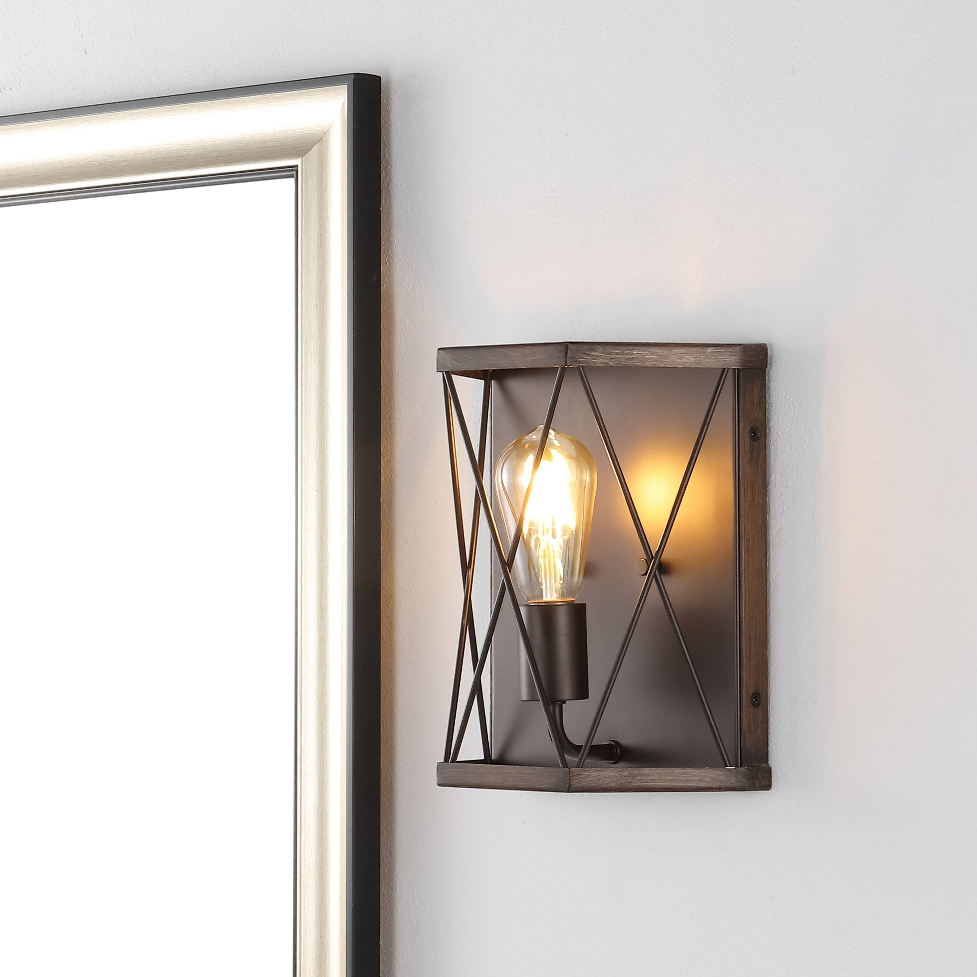 Alt View 1. Jonathan Y - Liam 8.25" 1-Light Rustic Farmhouse Iron LED Sconce, Wood Finished/Oil Rubbed Bronze - Dark Brown/Oil Rubbed Bronze.