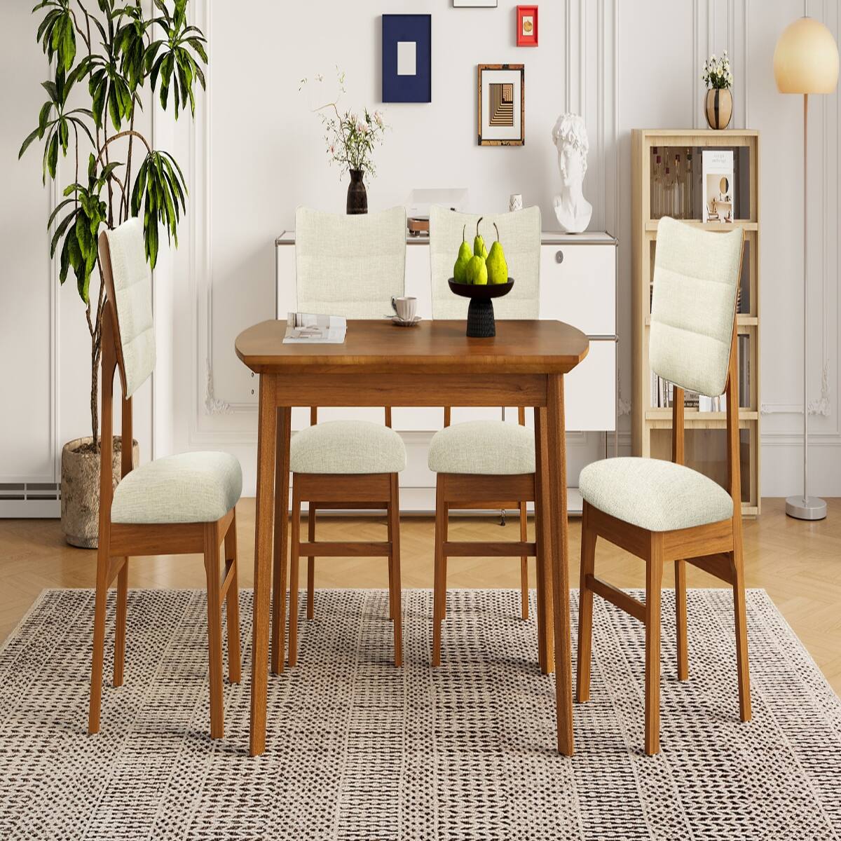 Alt View 3. Loheer - Loheer Farmhouse Dining Table Set for 4 with Upholstered Dining Chairs, Brown and Beige - Brown and Beige.