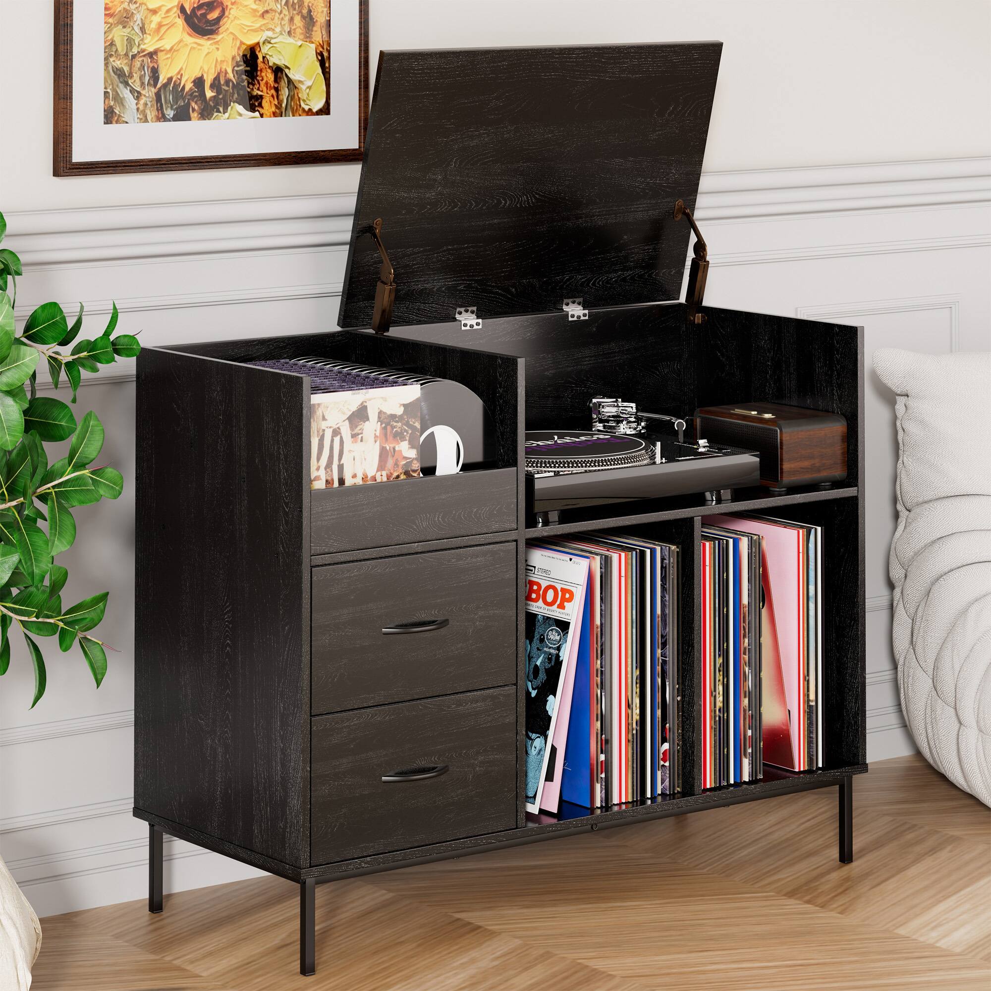 Alt View 4. Spaco - Spaco Record Player Stand with Adjustable Shelves, Holds 350+ Vinyls, Media Console with Speaker Shelf and 2 Drawers - Black.