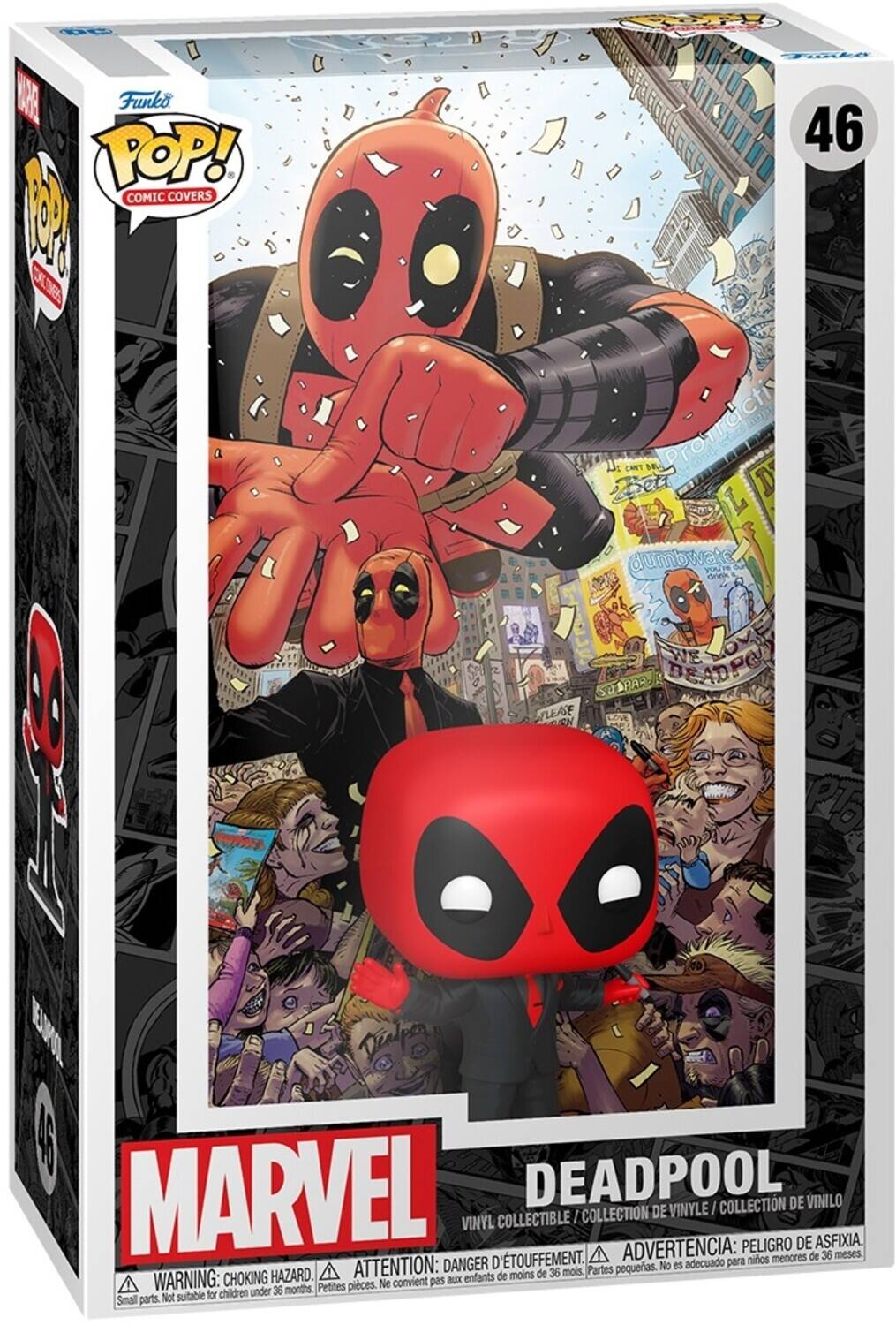 Sure, here is the corrected and grouped text from the image:

---

**Funko POP! Comic Covers**

**46**

**MARVEL**

**DEADPOOL**

**VINYL COLLECTIBLE / COLLECTION DE VINYLE / COLLECTION DE VINILLO**

**WARNING: CHOKING HAZARD - Small parts. Not suitable for children under 36 months.**

**ATTENTION: DANGER - Petites pièces. Ne convient pas aux enfants de moins de 36 mois.**

**ADVERTENCIA: PELIGRO DE ASFIXIA - Partes pequeñas. No es adecuado para niños menores de 36 meses.**

**dumbwait**

**WE LOVE DEADPOOL**

**46**

---