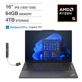 Lenovo - ThinkPad E16 Laptop 16.0 WUXGA (AMD Ryzen 5 230, 64GB DDR5, 4TB PCIe SSD, AMD Radeon, Win 11 Pro) w/USB Hub - Black