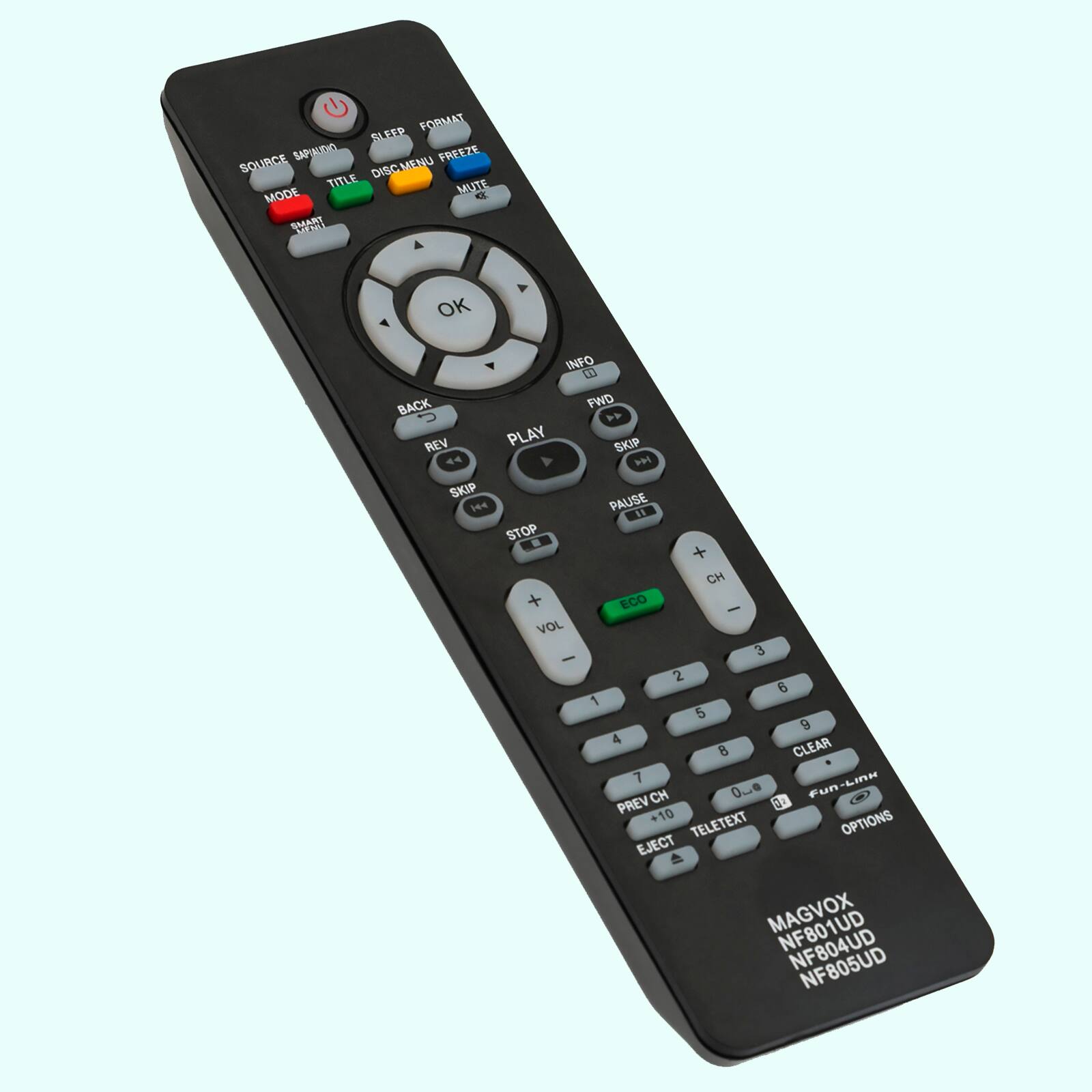 FORMAT BLEEP SAPIAUD FREEZE SOURCE DISCMENU TITLE MUTE MODE E SMANT UENL OK INFO BACK FWD REV PLAY SKIP SKIP PAUSE STOP + CH + ECO - VOL 3 2 6 1 5 9 4 CLEAR 7 Fun-LINK CH 0 0 PREV TELETEXT OPTIONS EJECT MAGVOX NF804UD