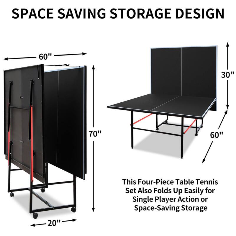 SPACE SAVING STORAGE DESIGN

60" 30" 70" 60" 20"

This Four-Piece Table Tennis Set Also Folds Up Easily for Single Player Action or Space-Saving Storage