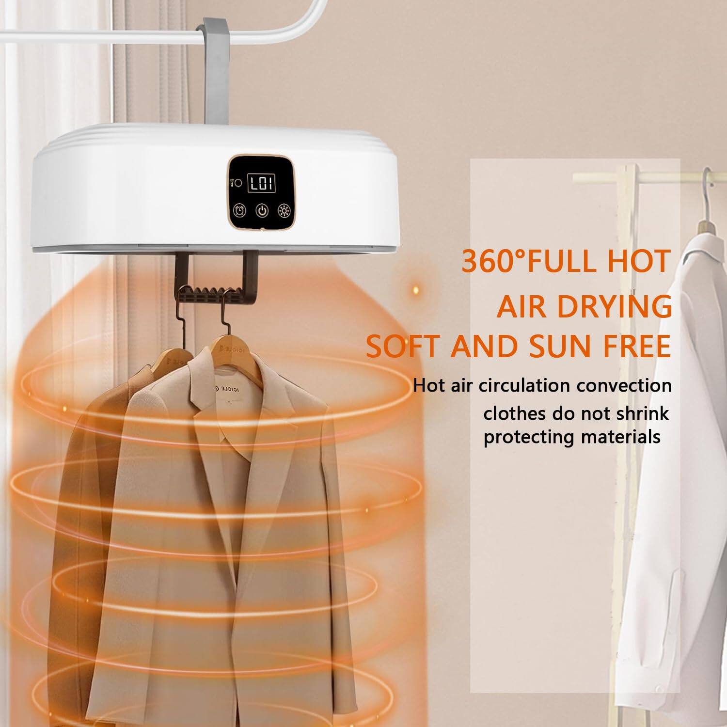 360° FULL HOT AIR DRYING  
SOFT AND SUN FREE  

Hot air circulation convection  
clothes do not shrink  
protecting materials