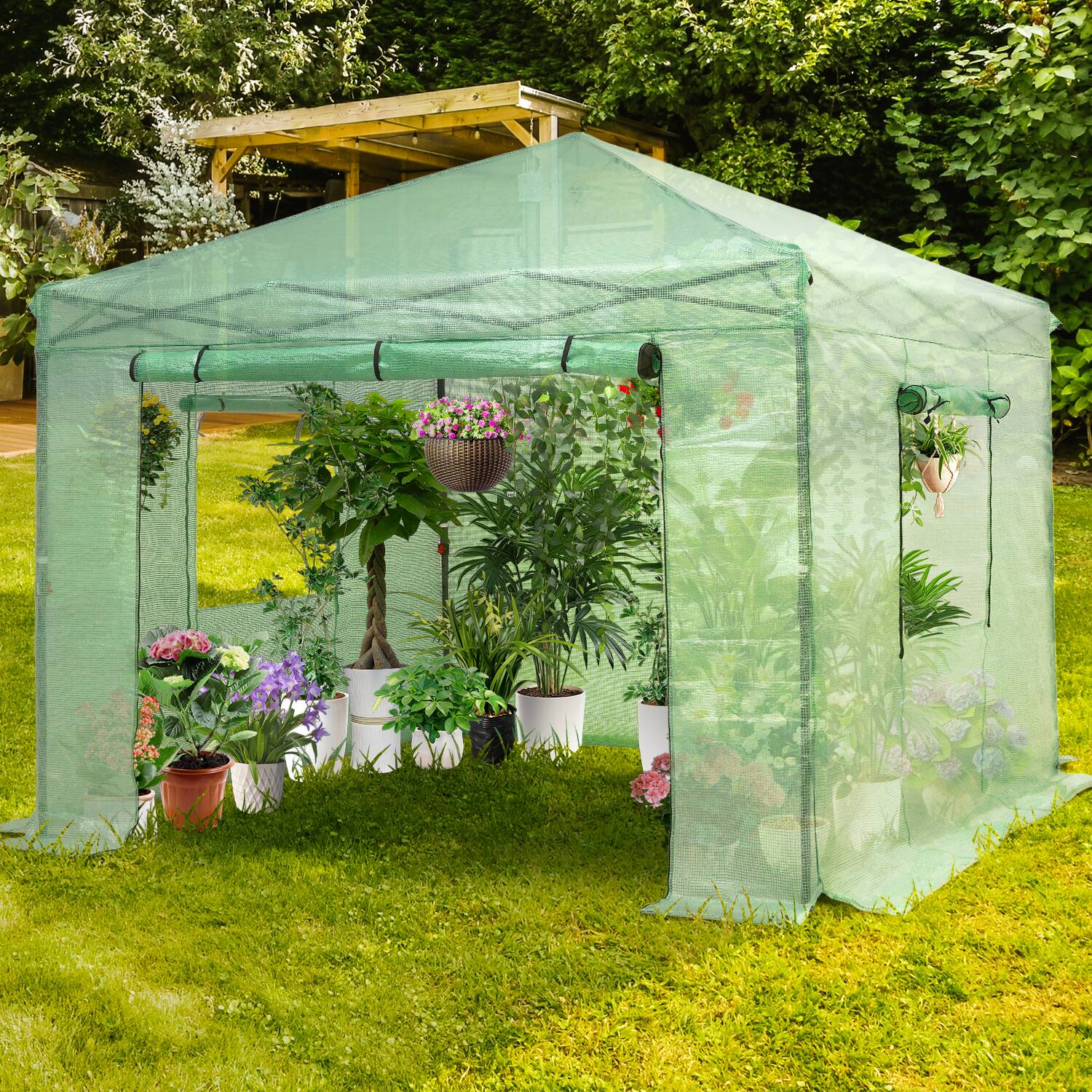 Left. Ainfox - Ainfox 8x8ft Instant Pop-up Greenhouse, Indoor Outdoor Plant Gardening Green House - green.
