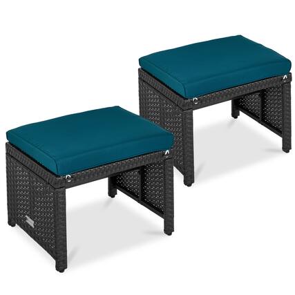 Front. Best Choice Products - Best Choice Products Set of 2 Multipurpose Patio Wicker Ottomans w/ Removable Cushions - Peacock Blue/Black - Peacock Blue/Black.