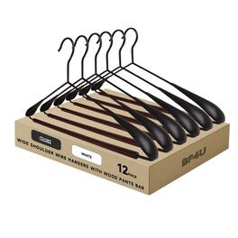 BP4U - 12-Pack Heavy Duty Metal Wide Shoulder Suit Hangers, Welded Coat Hangers with Beech Wood Pants Bar(Black) - Black/Walnut