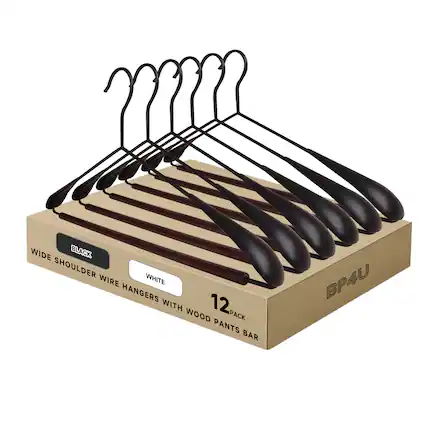 WIDE SHOULDER WIRE HANGERS WITH WOOD PANTS BAR
12 PACK
BLACK
WHITE
BP4U