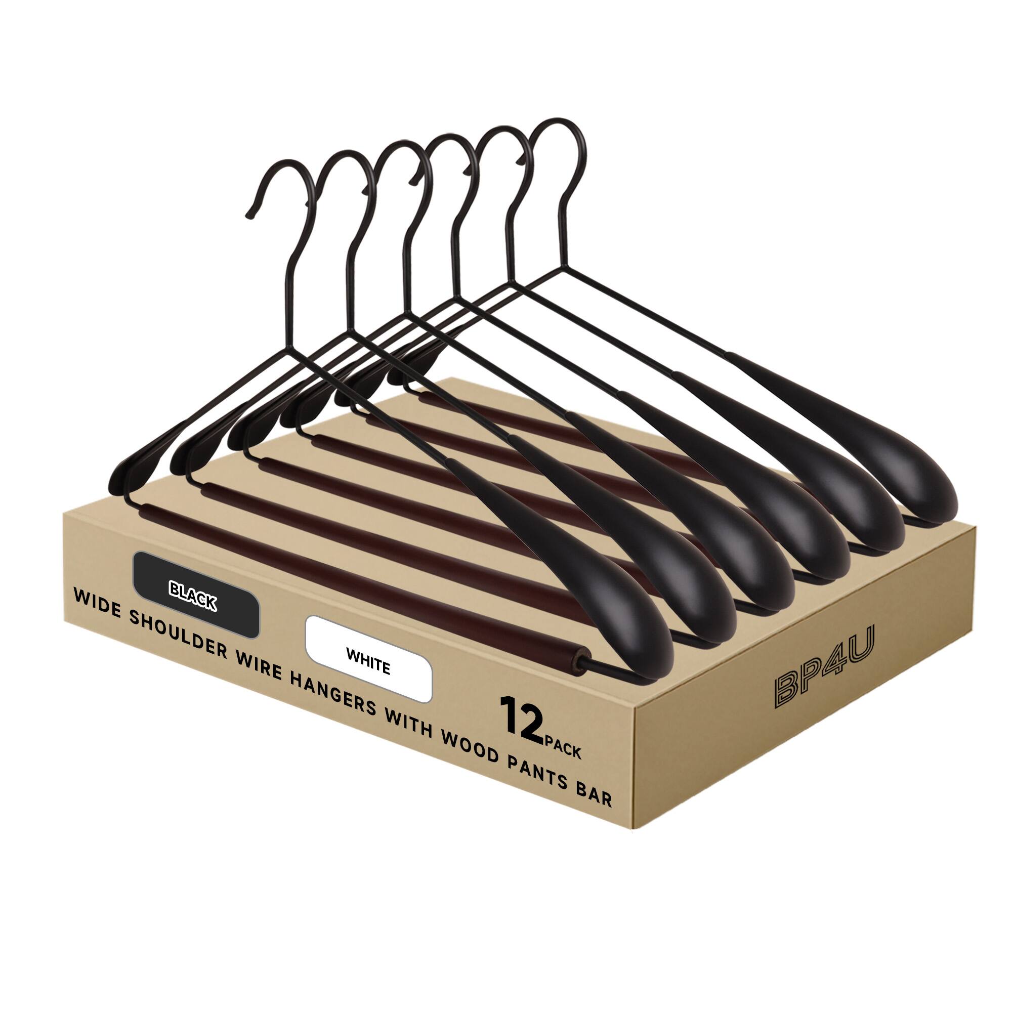WIDE SHOULDER WIRE HANGERS WITH WOOD PANTS BAR  
12 PACK  
BLACK  
WHITE  
BP4U