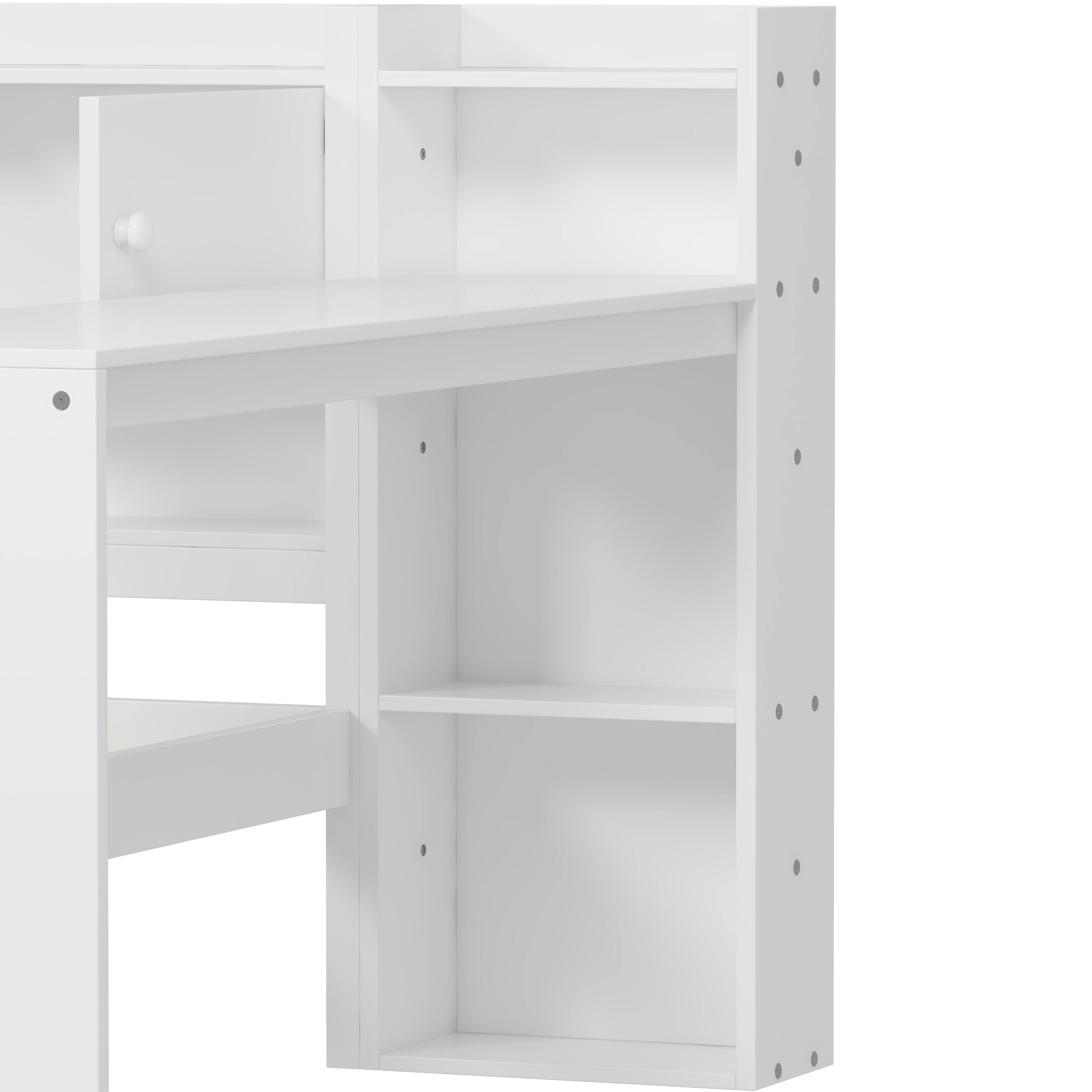Alt View 10. Tiramisubest - Wooden L-Shape Daybed with Storage Cabinets and Drawers, Multi-functional Bed with Study Desk and Built-in Bookshelf - White.