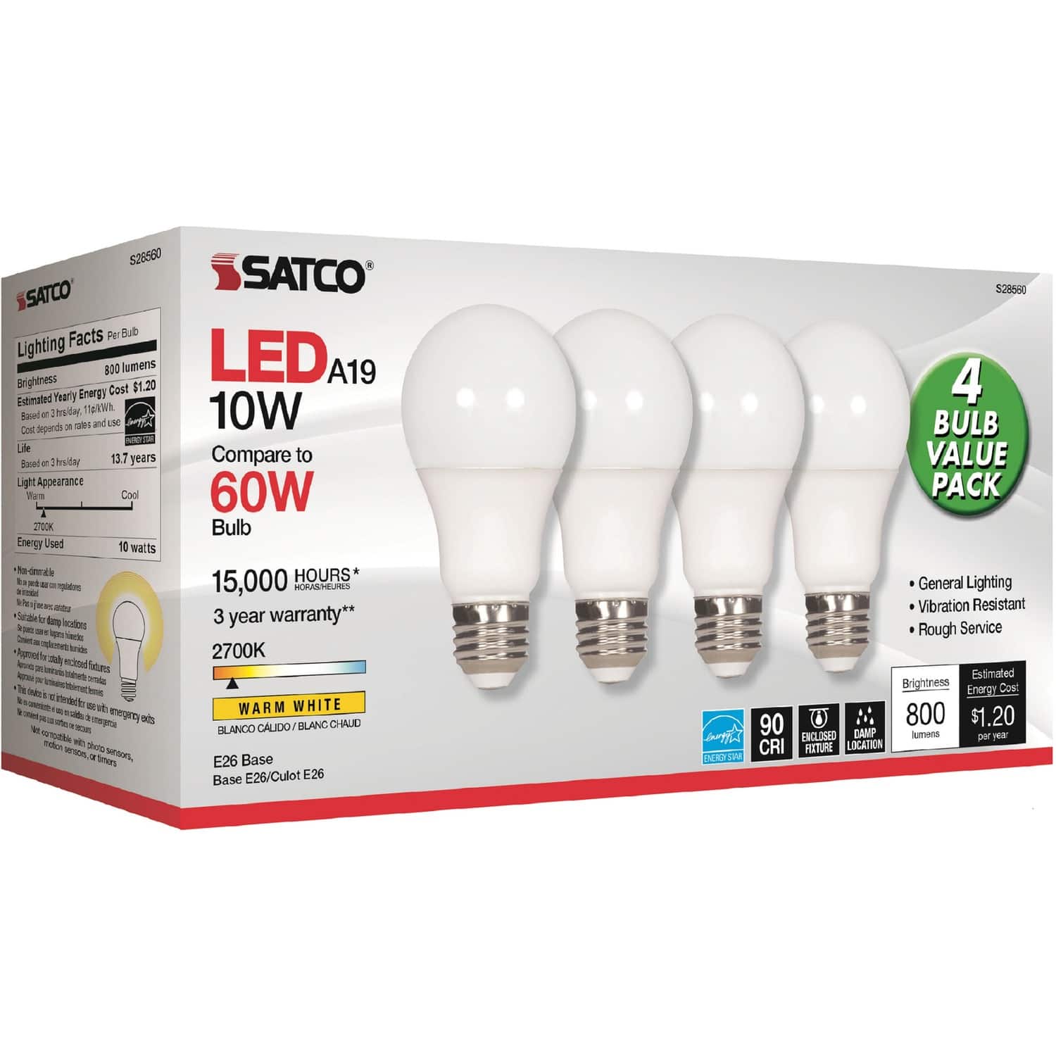 SATCO - 10W A19 LED 2700K Frosted Bulbs 10 W 120 V AC  A19 Warm White E26 Base 15000 Hour 2700K 4 / Pack price history on PriceWatchPro