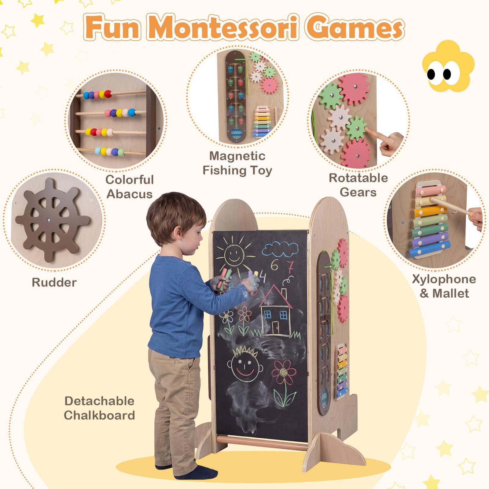 Fun Montessori Games

- Colorful Abacus
- Magnetic Fishing Toy
- Rotatable Gears
- Rudder
- Detachable Chalkboard
- Xylophone & Mallet