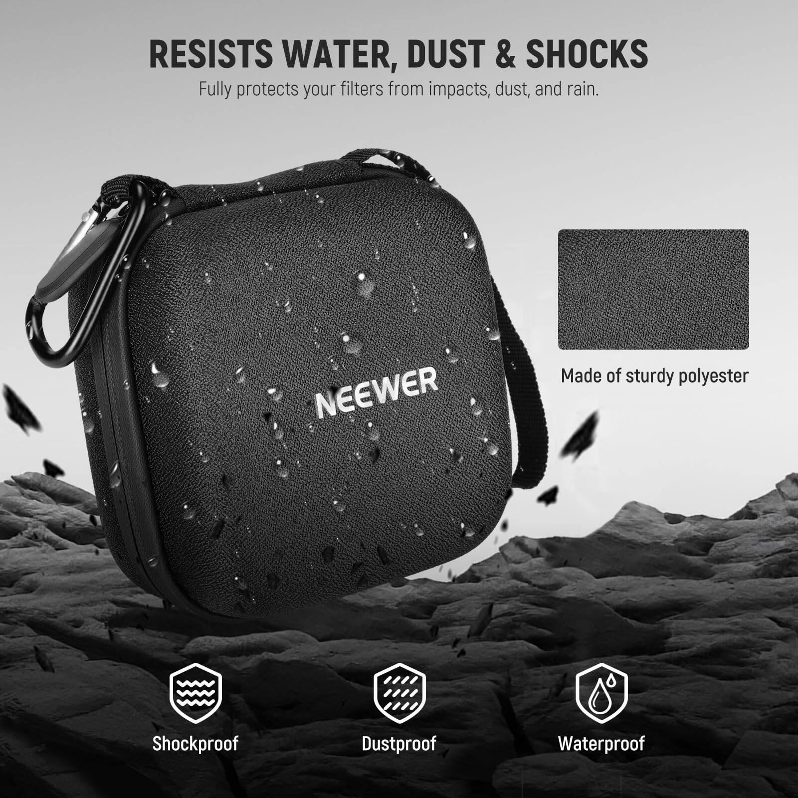 RESISTS WATER, DUST & SHOCKS  
Fully protects your filters from impacts, dust, and rain.  

NEEWER  
Made of sturdy polyester  

Shockproof  
Dustproof  
Waterproof