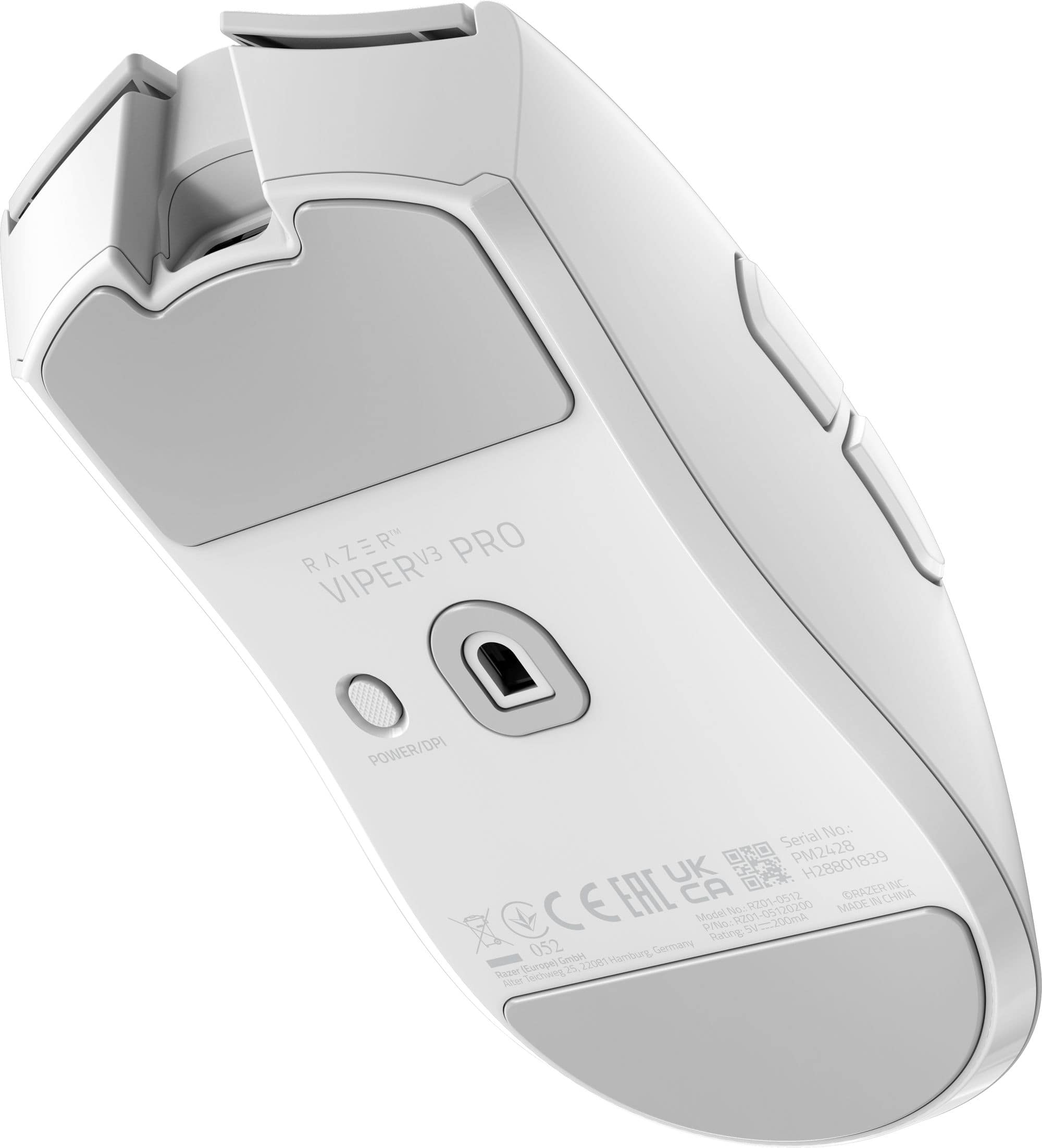 The image features a white Razer Pro ViperV3 mouse. The mouse has a power/DPI button and a serial number, PM2428 H28801839, which is located on the bottom of the mouse. The image also shows the back of the mouse, which is white and gray in color.