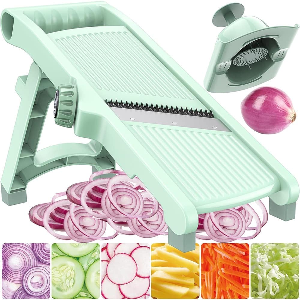 PARKER SLATER - 5-in-1 Adjustable Mandoline Slicer with Stainless Steel Blades, Safe Vegetable Chopper with Hand Guard for Kitchen - Mint Mambo Green