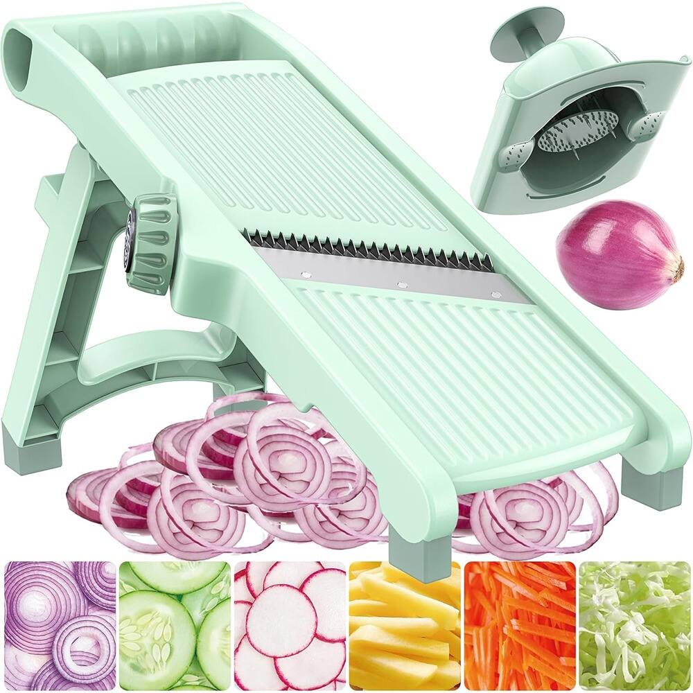 PARKER SLATER - 5-in-1 Adjustable Mandoline Slicer with Stainless Steel Blades, Safe Vegetable Chopper with Hand Guard for Kitchen - Mint Mambo Green