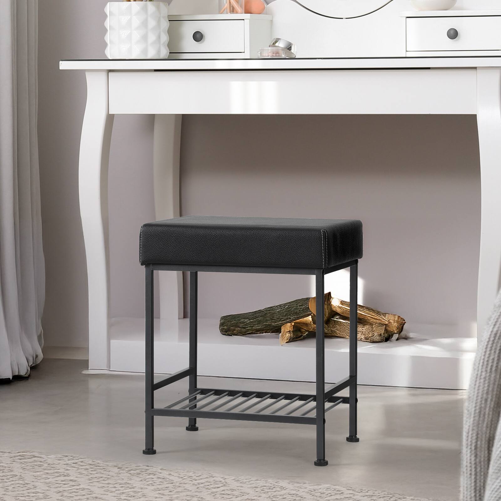 Alt View 1. Oumilen - PU Padded Entryway Shoe Bench with Metal Frame & Lower Shoe Rack, Black - Black.