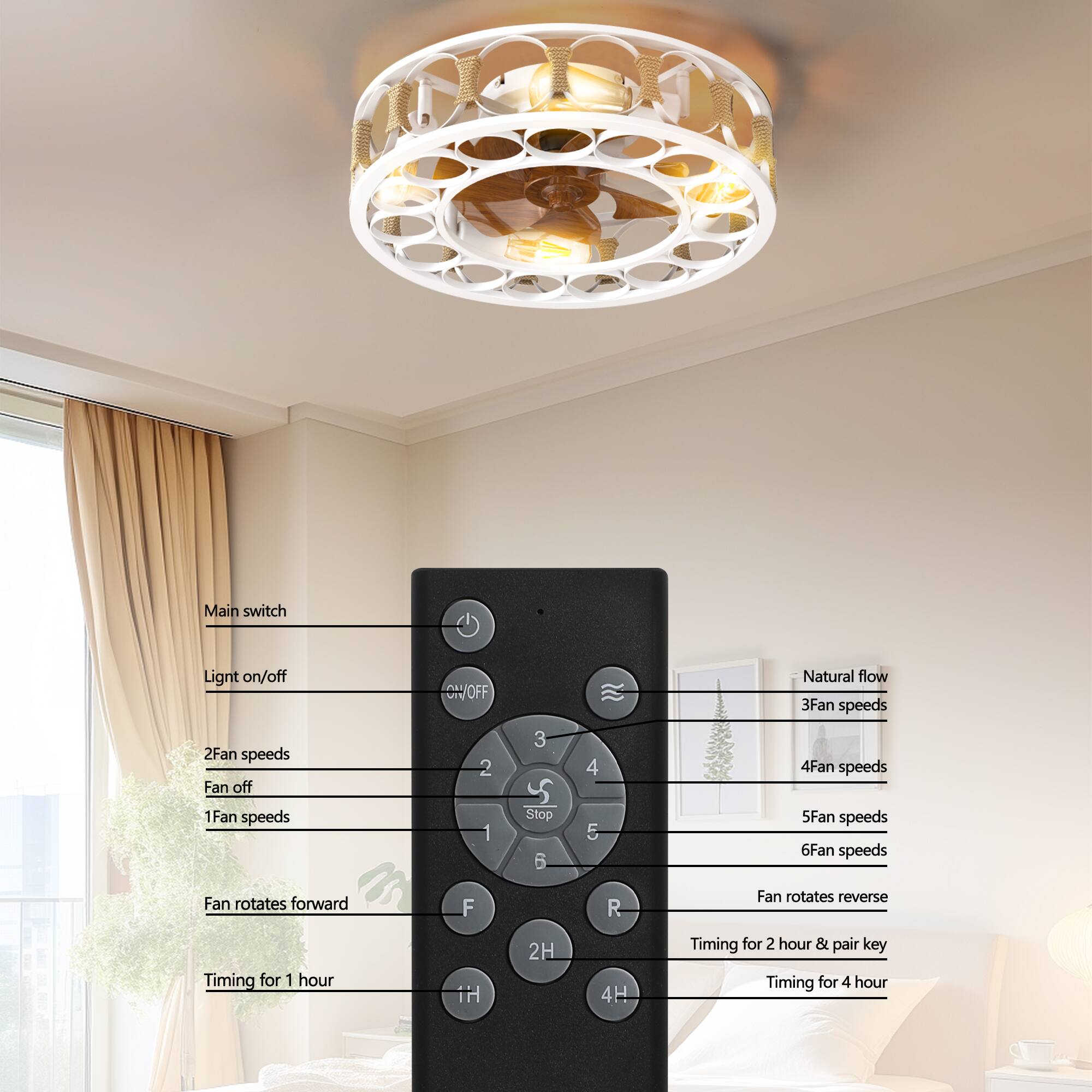 Main switch  
Light on/off  

2Fan speeds  
Fan off  
1Fan speeds  

Fan rotates forward (F)  
Fan rotates reverse (R)  

Timing for 1 hour (1H)  
Timing for 2 hour & pair key (2H)  
Timing for 4 hour (4H)  

Natural flow  
3Fan speeds  
4Fan speeds  
5Fan speeds  
6Fan speeds