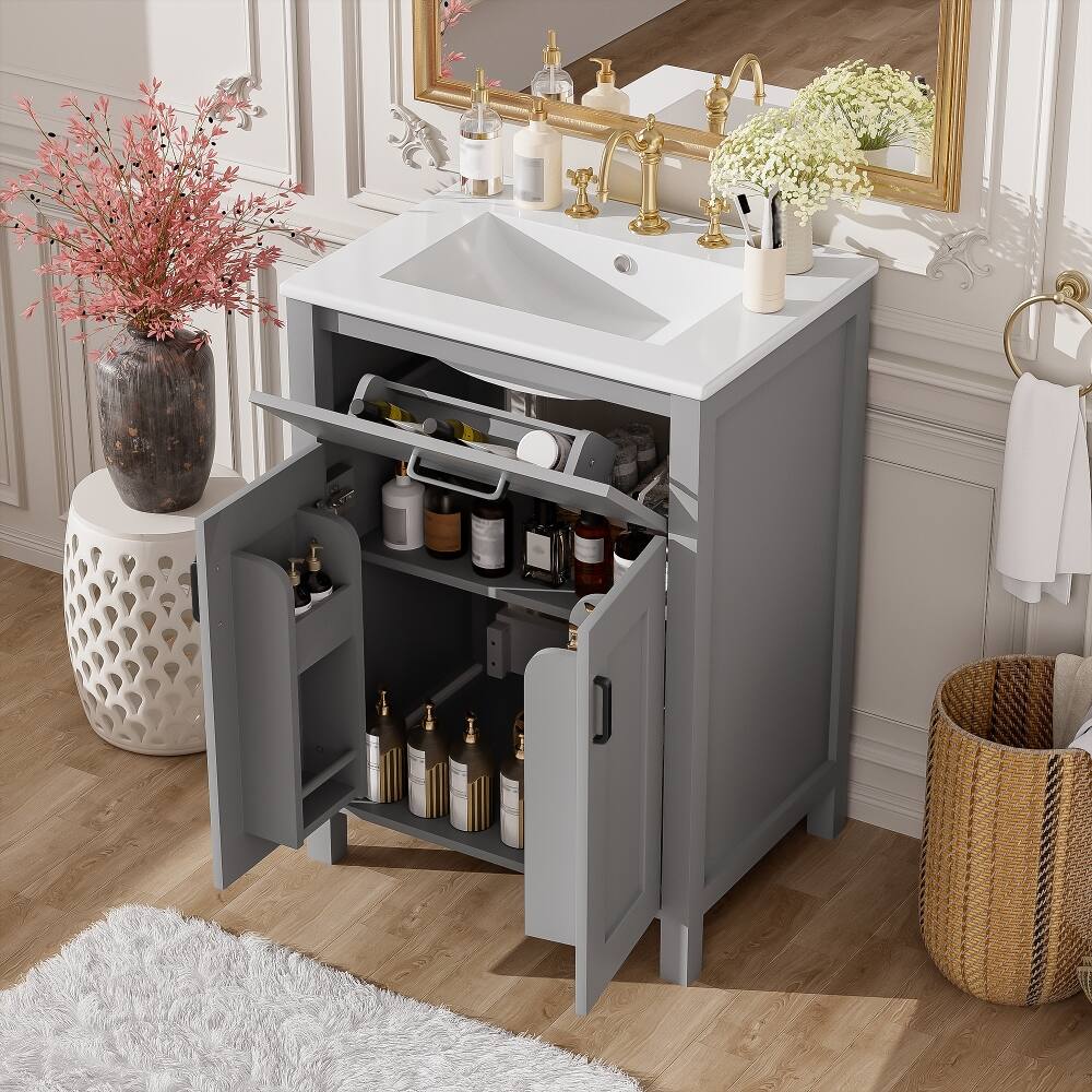 Front. Loheer - Loheer 24 inch bathroom vanity with sink, grey freestanding bathroom vanity with ceramic basin and storage cabinet - Grey.
