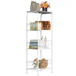Oumilen - 4-Tier Wire Storage Shelf with Wood Top, Black Metal Frame & Accessories, Gray - Gray
