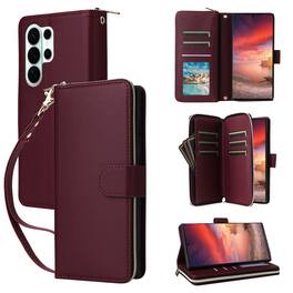 Dteck - Crossbody Wallet Case for Samsung Galaxy S26 Ultra, Shockproof Zipper Pocket PU Leather Folio Cover with 9 Card Slots - Winered