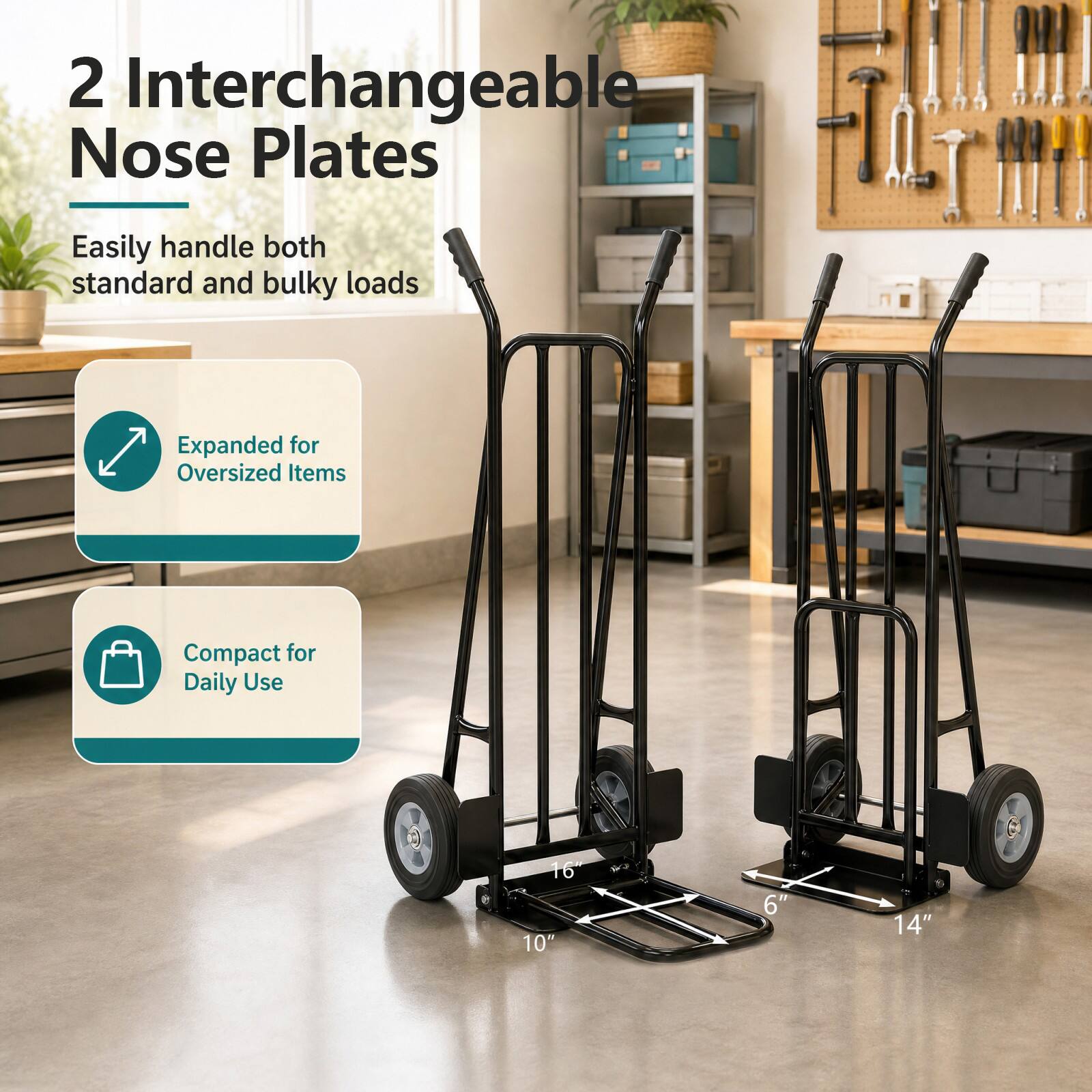 2 Interchangeable Nose Plates

Easily handle both standard and bulky loads

Expanded for Oversized Items

Compact for Daily Use

16" 10" 6" 14"