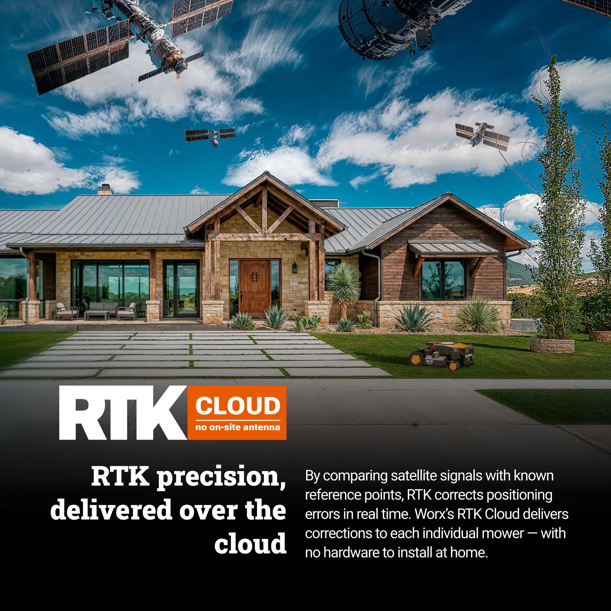RTK CLOUD  
no on-site antenna  

RTK precision, delivered over the cloud  

By comparing satellite signals with known reference points, RTK corrects positioning errors in real time. Worx's RTK Cloud delivers corrections to each individual mower — with no hardware to install at home.
