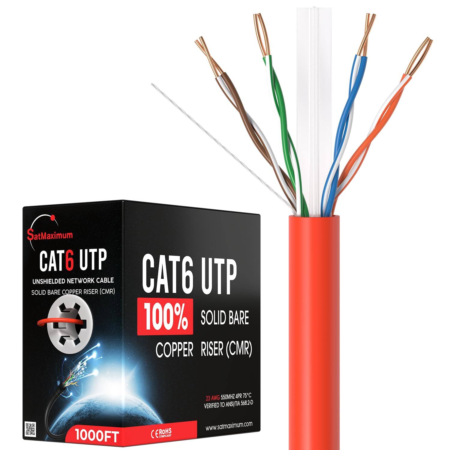 SatMaximum CAT6 UTP UNSHIELDED NETWORK CABLE SOLID BARE COPPER RISER (CMR)  
CAT6 UTP 100% SOLID BARE COPPER RISER (CMR)  
AWG 550MHZ 4PR 75C 23 VERIFIED TO ANSI/TIA 568.2-D  
1000FT (CROHS CU)  
www.satmaximum.com