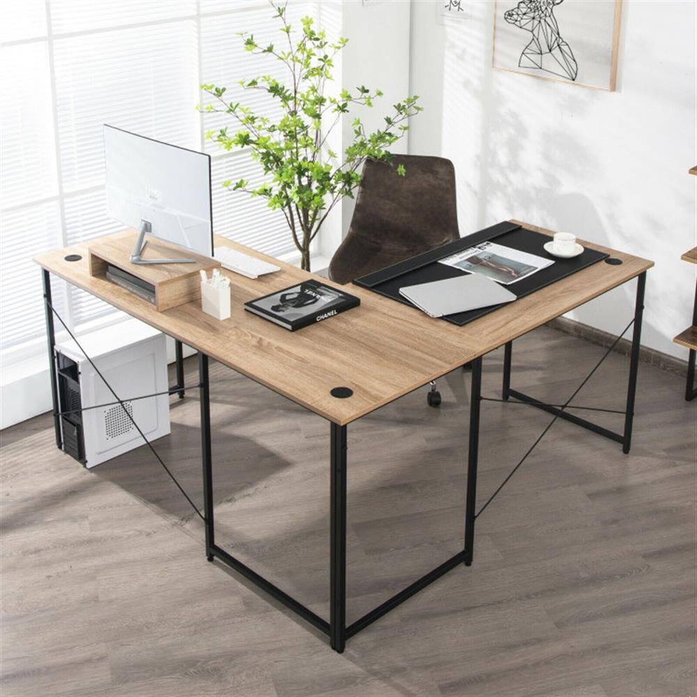 Left. Pefilos - 95" 2-Person L-Shaped Long Reversible Computer Desk with Monitor Stand, Small Home Office Desk Study Writing Table - Natrual.