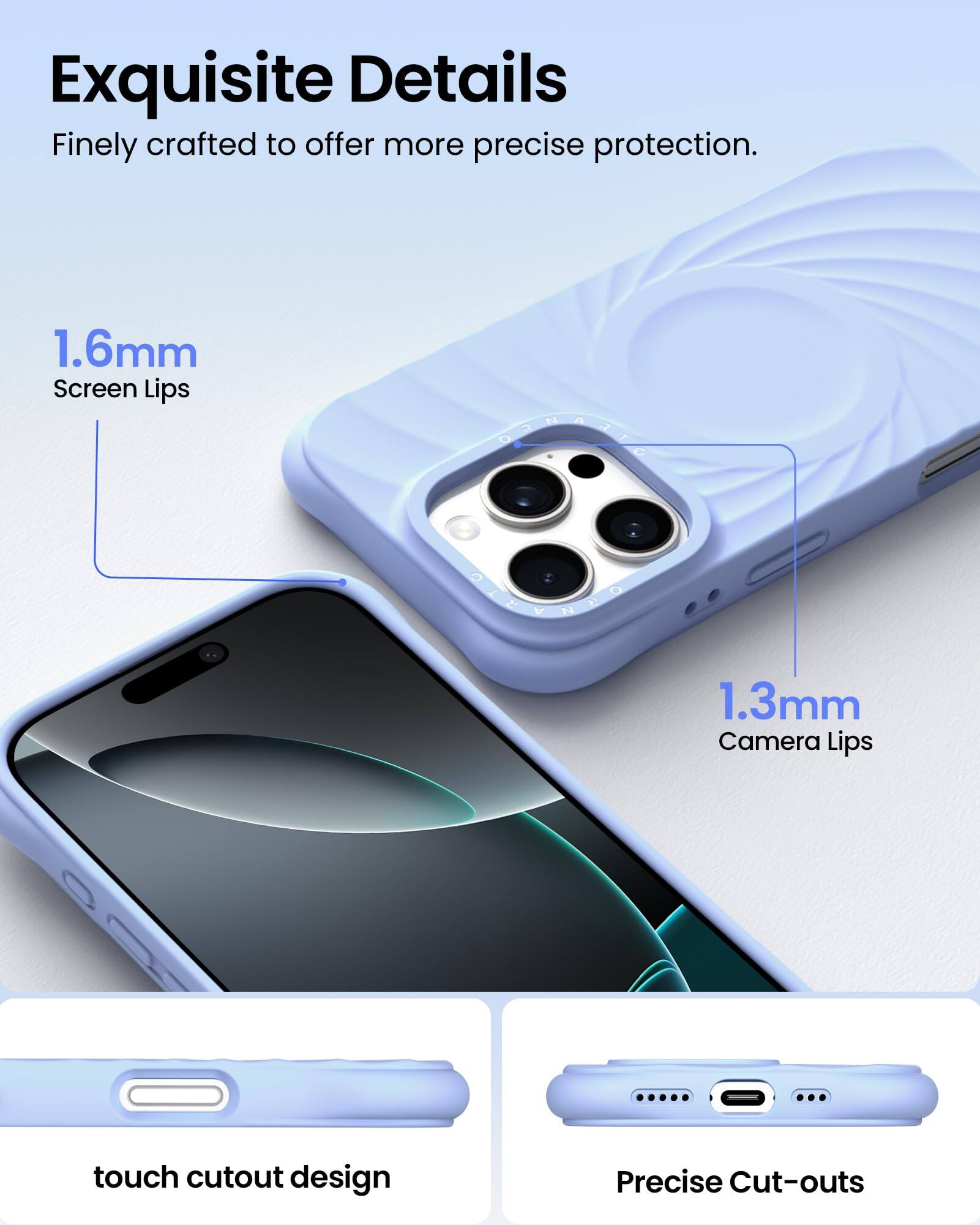 Exquisite Details Finely crafted to offer more precise protection. 1.6mm Screen Lips 1.3mm Camera Lips touch cutout design Precise Cut-outs