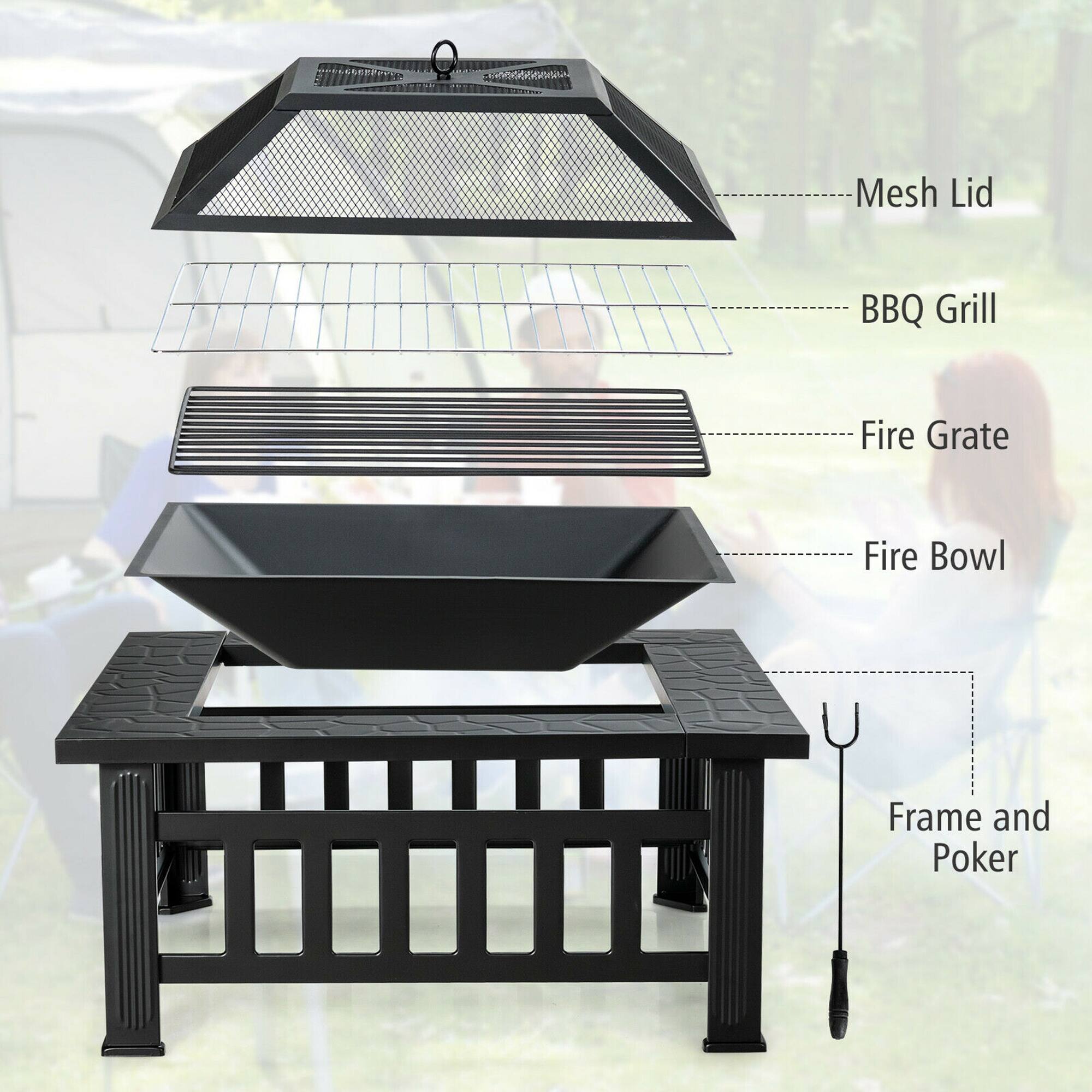 Mesh Lid BBQ Grill Fire Grate Fire Bowl Frame and Poker
