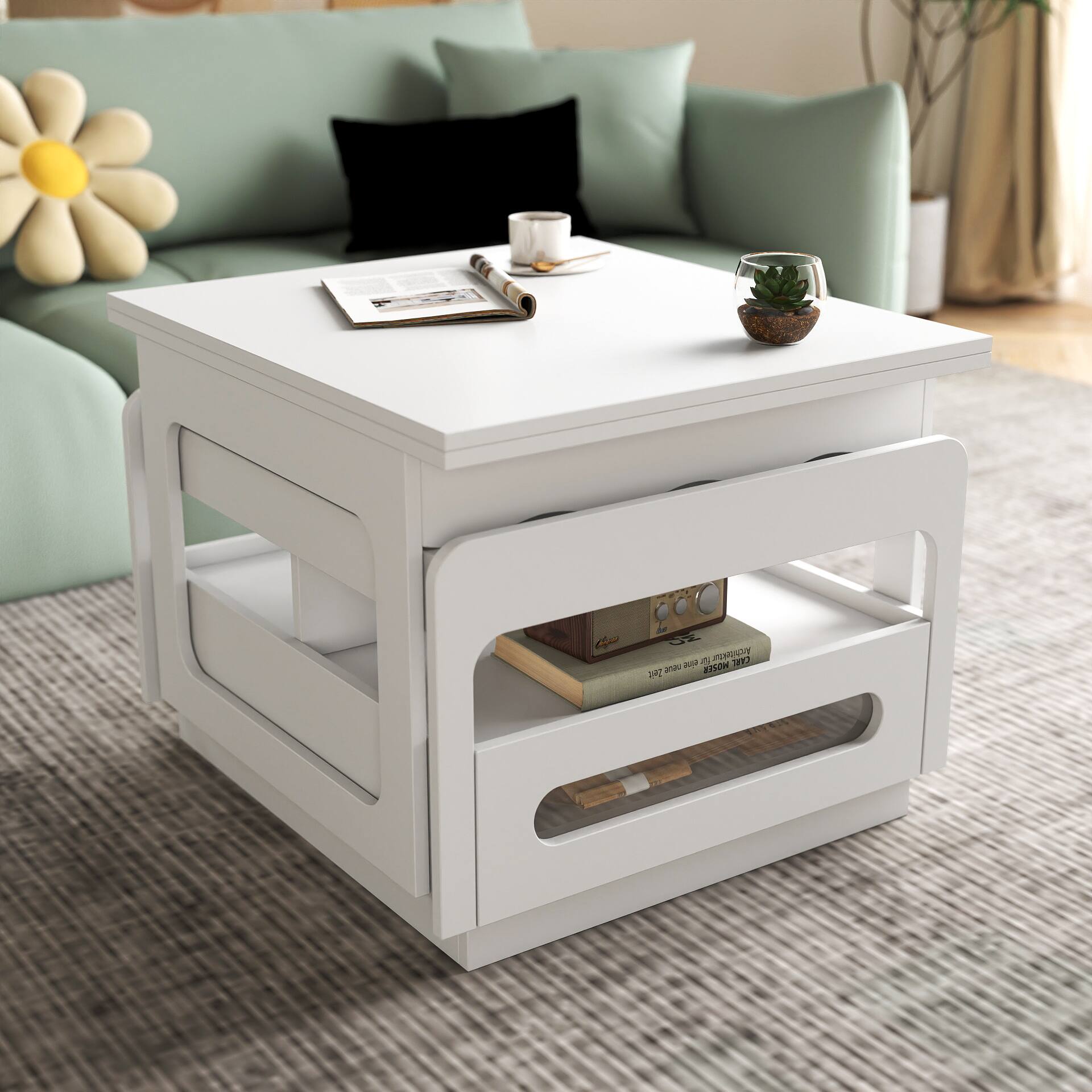 Back. TinyHomie - 3 In 1 Deformed Coffee Table With Storage Cabinet For Living Dining Room - White.