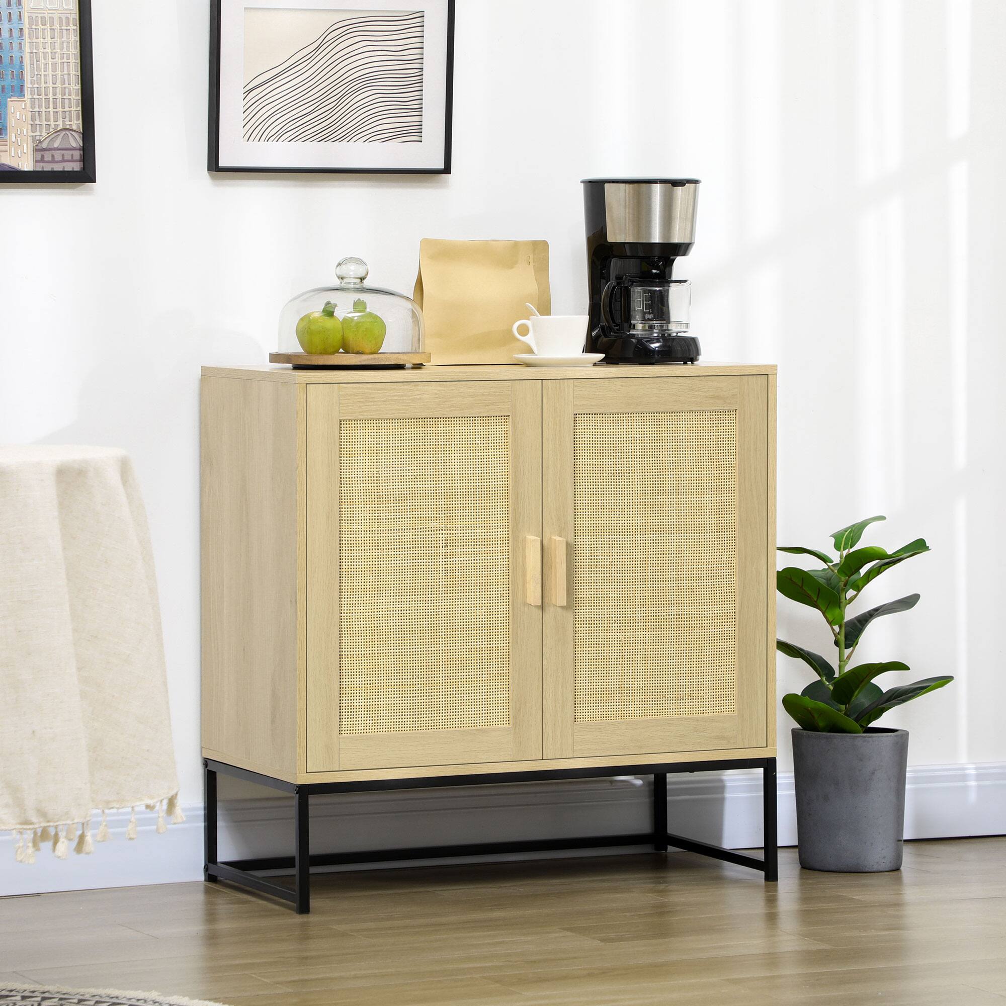 Alt View 1. Homcom - Accent Cabinet, Boho Storage Cabinet with Rattan Doors, Adjustable Shelf and Metal Base for Living Room, Kitchen - Natural Wood.