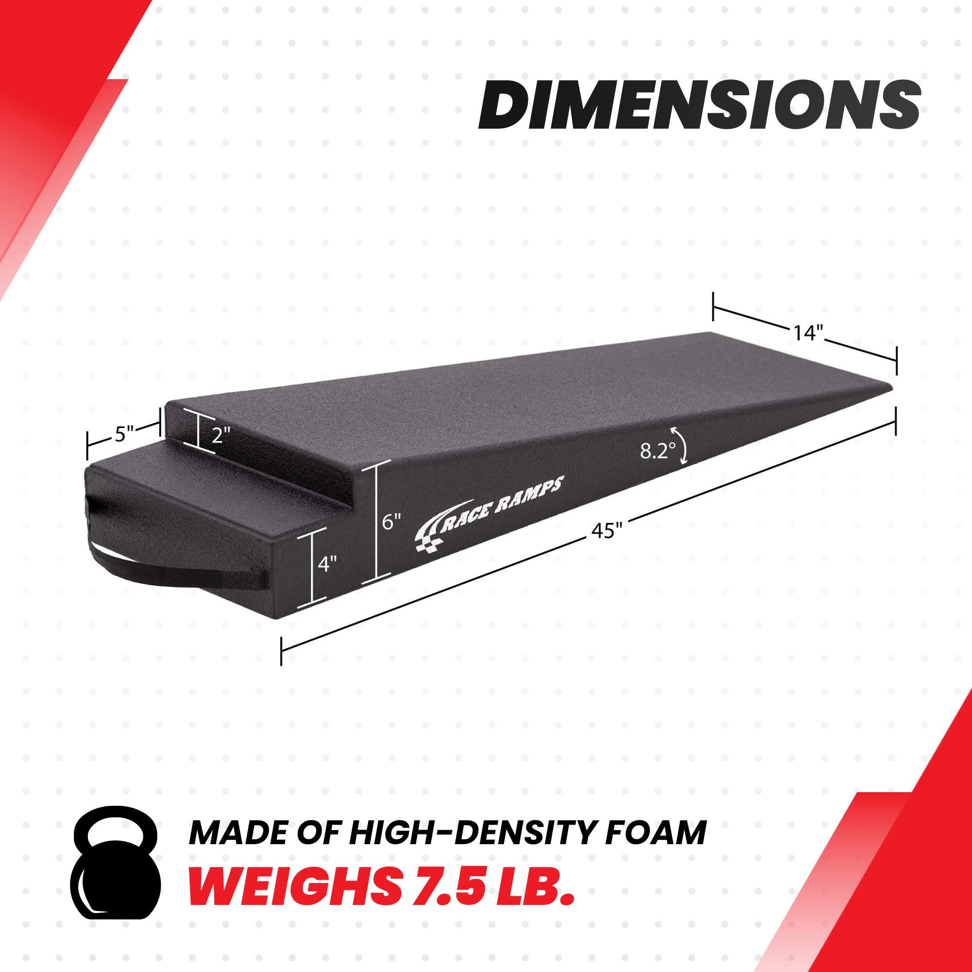 DIMENSIONS
14"
5"
2"
4"
8.2° 6" RACE RAMPS 45°
MADE OF HIGH-DENSITY FOAM WEIGHS 7.5 LB.
