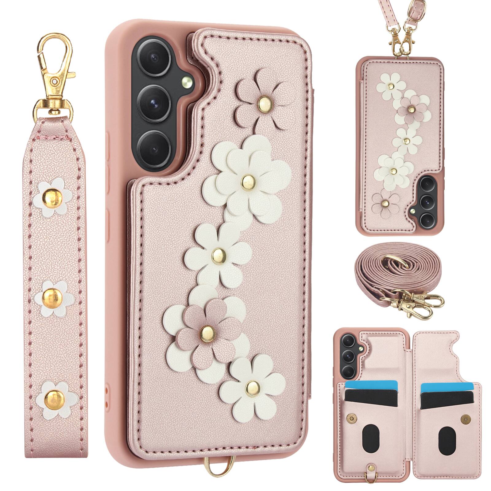 Front. Dteck - Wallet Case For Samsung Galaxy A17 5G Crossbody Wrist Strap Flower Leather Flip Kickstand Magnetic Snap Cover - Rosegold.