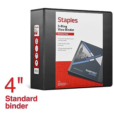 Staples  
3-Ring View Binder  
Standard Duty  

The perfect binder for your everyday needs  
2 tabs for easy open and close  
D-rings keep pages flat and for more  
QUARTERLY REPORT  

4" Standard binder