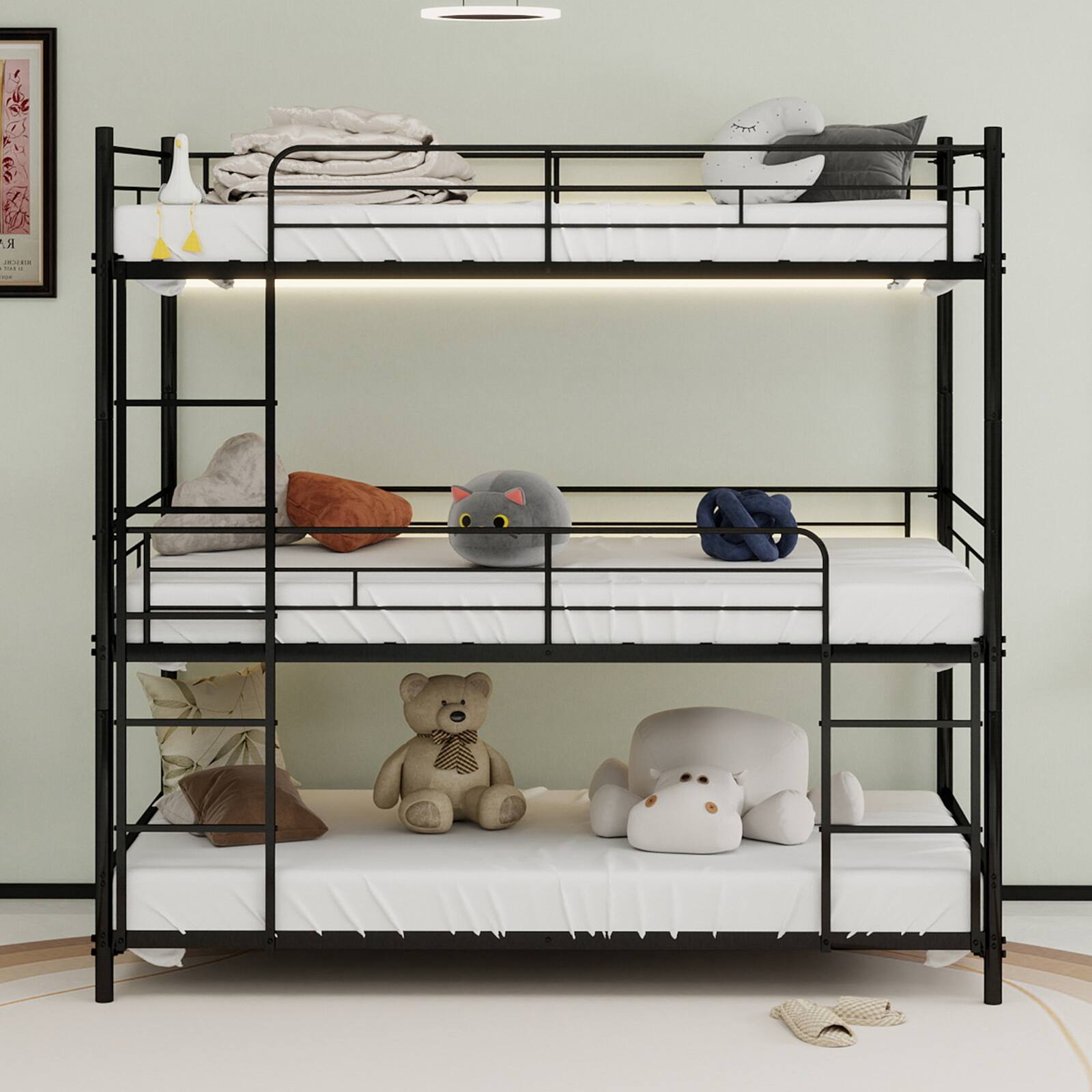 Left. Loheer - Loheer Heavy Duty Triple Bunk Bed Twin Over Twin Over Twin Black Metal Frame - Black.
