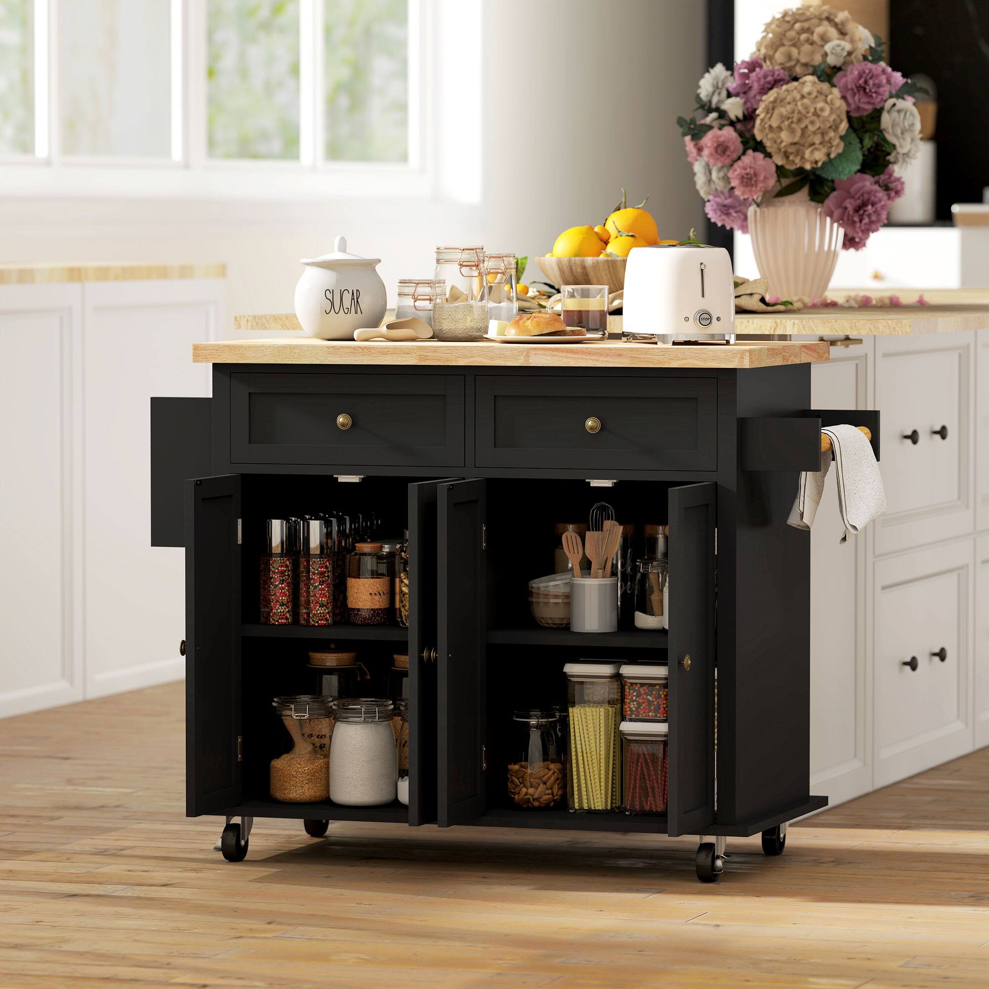 Alt View 7. Homcom - Kitchen Island Cart with Rubber Wood Top, Portable Table on Wheels with Adjustable Shelves, Spice Rack and Towel Rack - Black.
