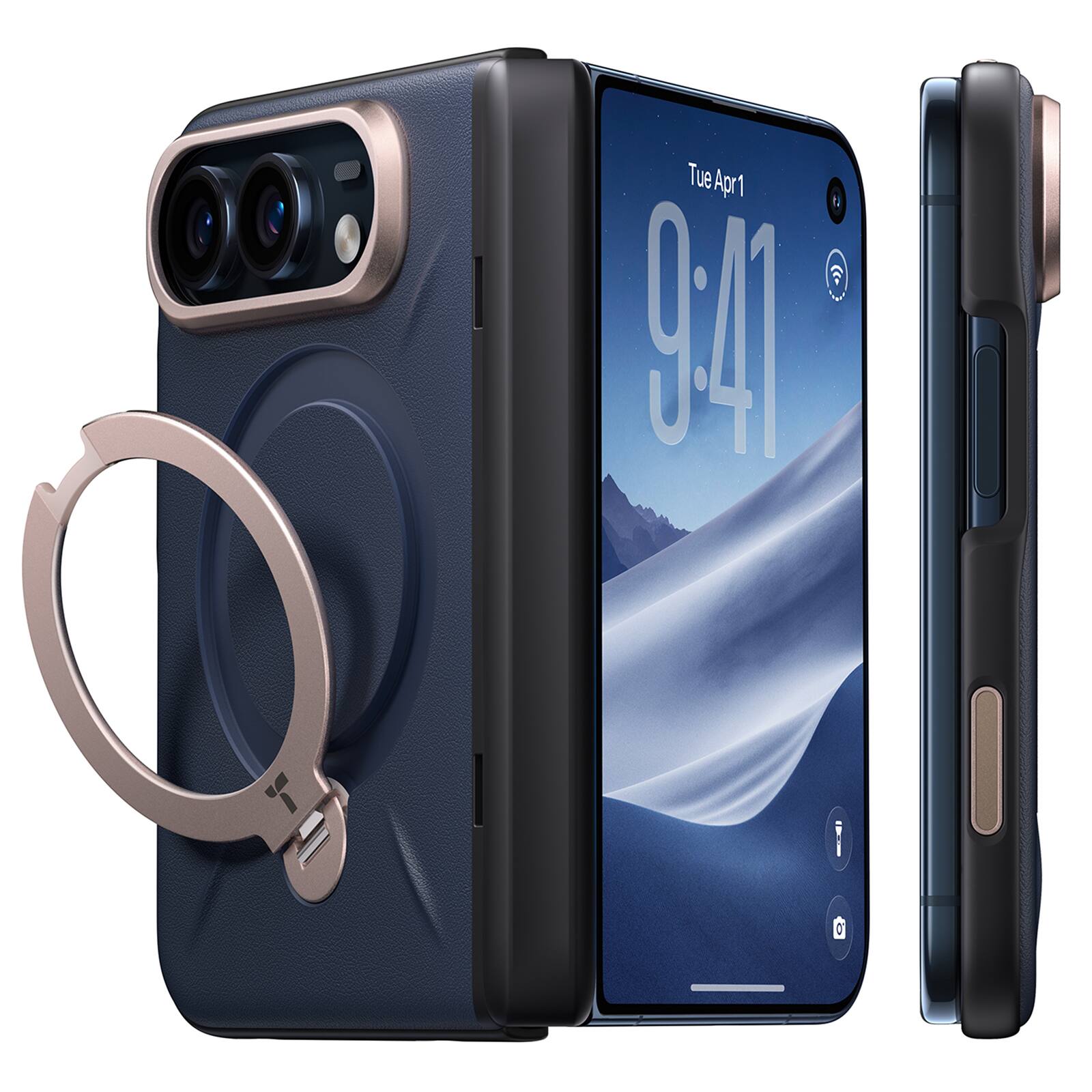 Front. TORRAS - TORRAS VegSkin Slim iPhone Duo Case Vegan Leather, 360 Magnetic Stand, Deep Blue, Back Case Only - Deep Blue.