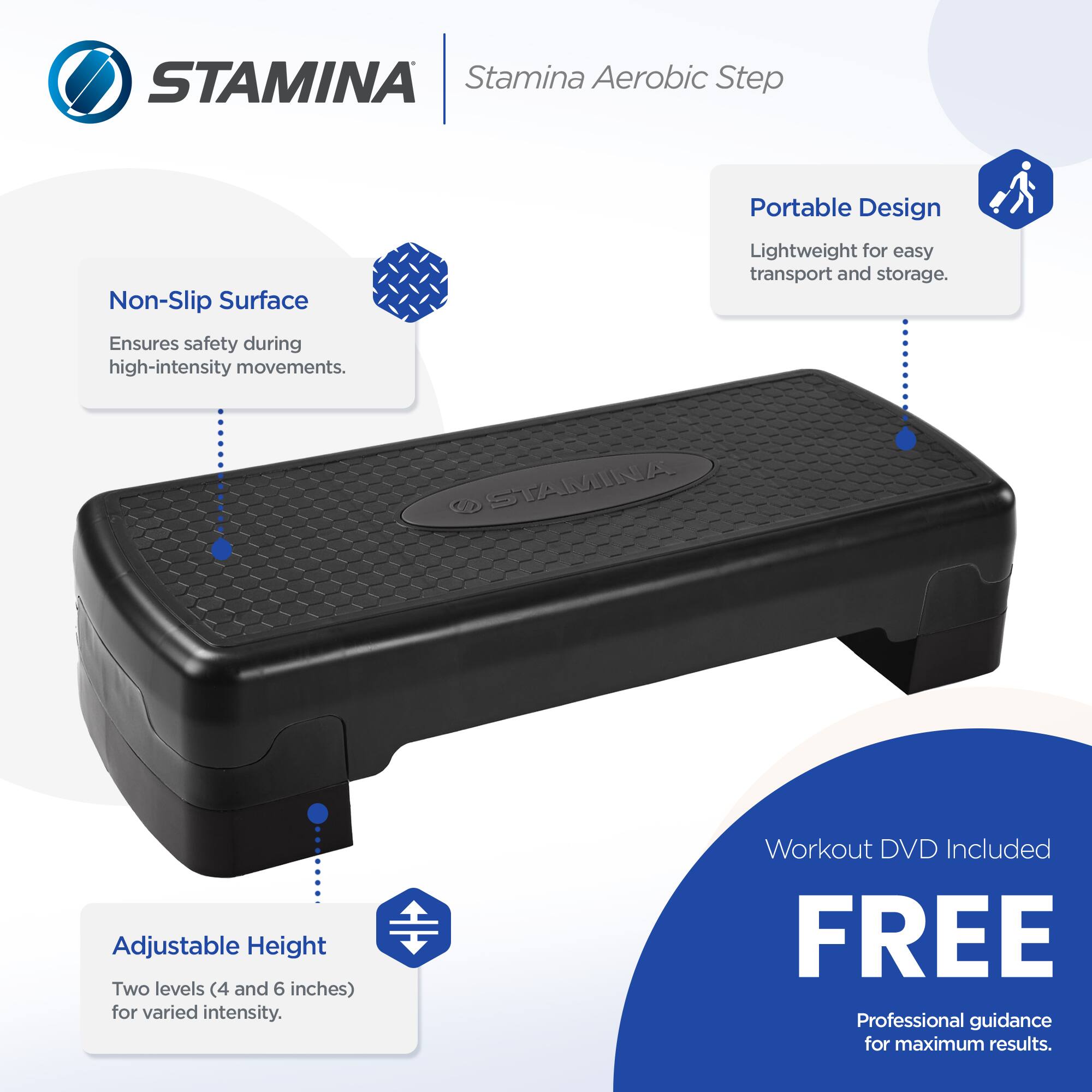 STAMINA Stamina Aerobic Step

- Non-Slip Surface: Ensures safety during high-intensity movements.
- Portable Design: Lightweight for easy transport and storage.
- Adjustable Height: Two levels (4 and 6 inches) for varied intensity.
- Workout DVD Included: FREE Professional guidance for maximum results.