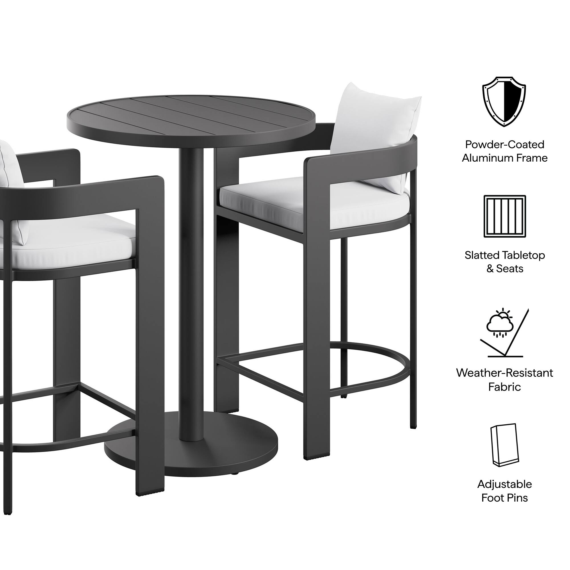 Powder-Coated Aluminum Frame  
Slatted Tabletop & Seats  
Weather-Resistant Fabric  
Adjustable Foot Pins