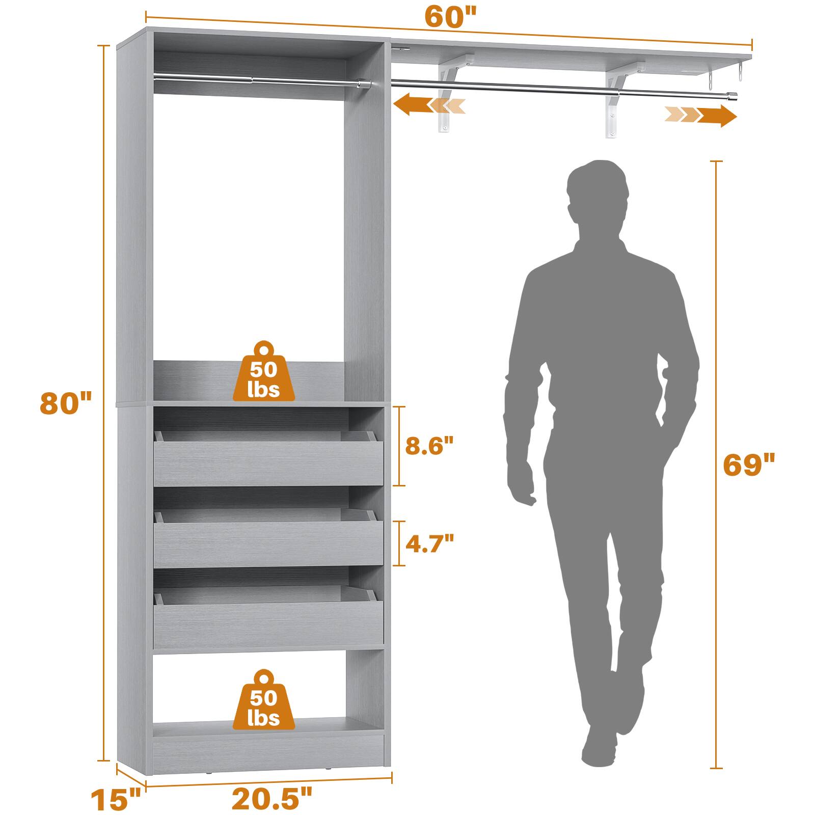 60" 80" 50 lbs 8.6" 69" 4.7" 50 lbs 15" 20.5"