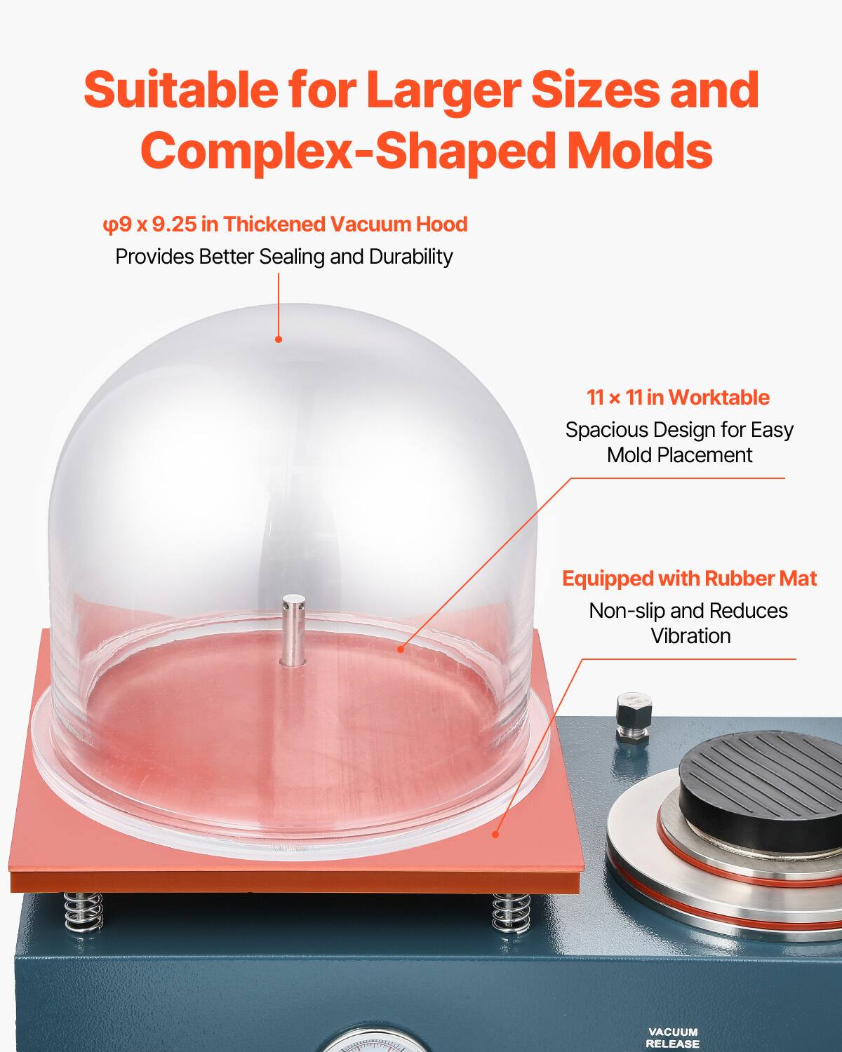 Suitable for Larger Sizes and Complex-Shaped Molds

99 x 9.25 in Thickened Vacuum Hood Provides Better Sealing and Durability

11 x 11 in Worktable Spacious Design for Easy Mold Placement

Equipped with Rubber Mat Non-slip and Reduces Vibration

VACUUM RELEASE