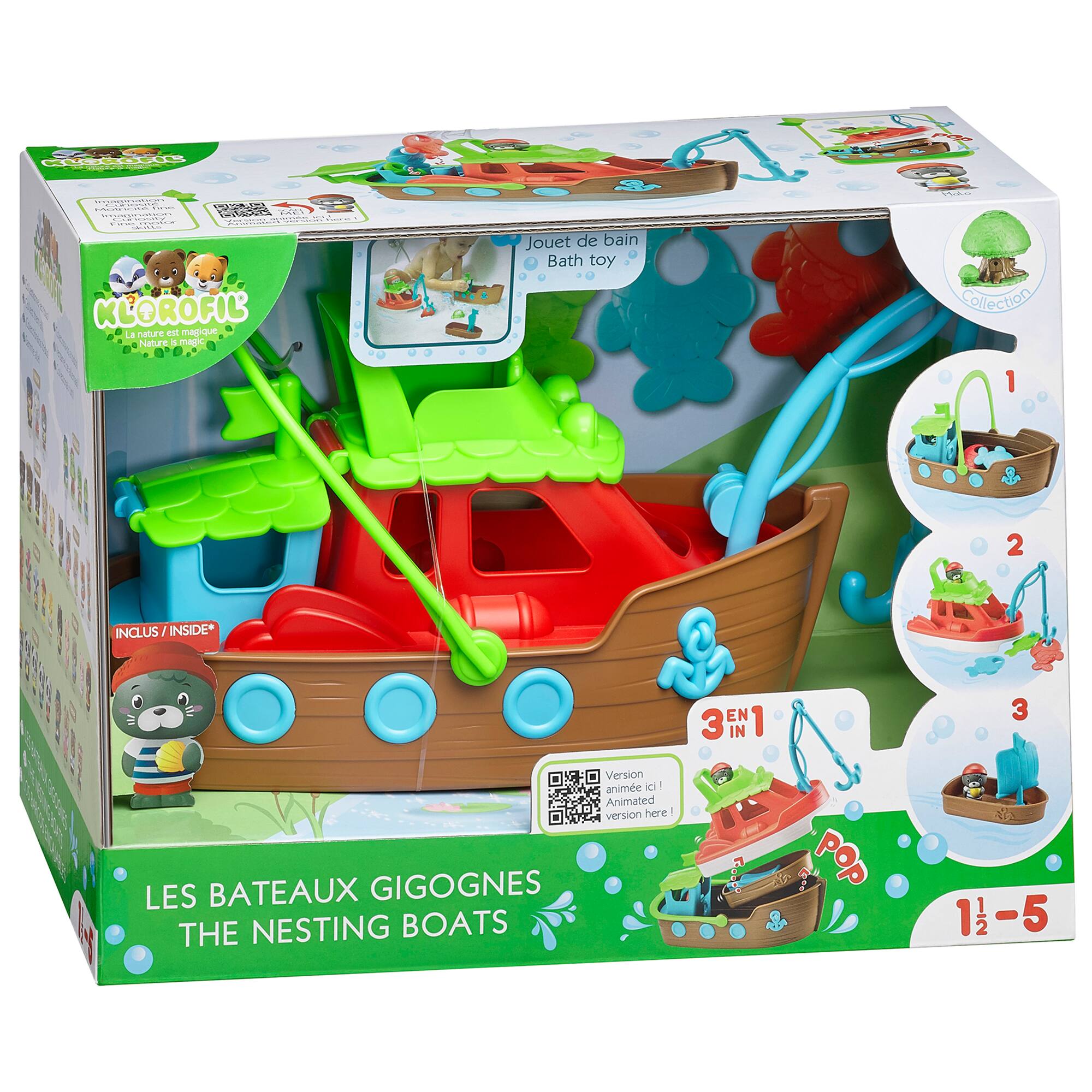 KLOROFIL  
www.com/sanaway.com  
Concette MAN BWA FWVB EXTRAGE  
Imagination DAYS FACT ... CURIOSARY 10000000 - IEST . THES THEAKE  
wass KLOROFIL'  
La nature est magique Nature 5 magic  
Jouet de bain Bath toy  
Collection  
2  
INCLUS/INSIDE*  
EN 1 3 IN  
3  
Version anime ci | Animated version here!  
LES BATEAUX GIGOGNES THE NESTING BOATS  
pop  
12-5
