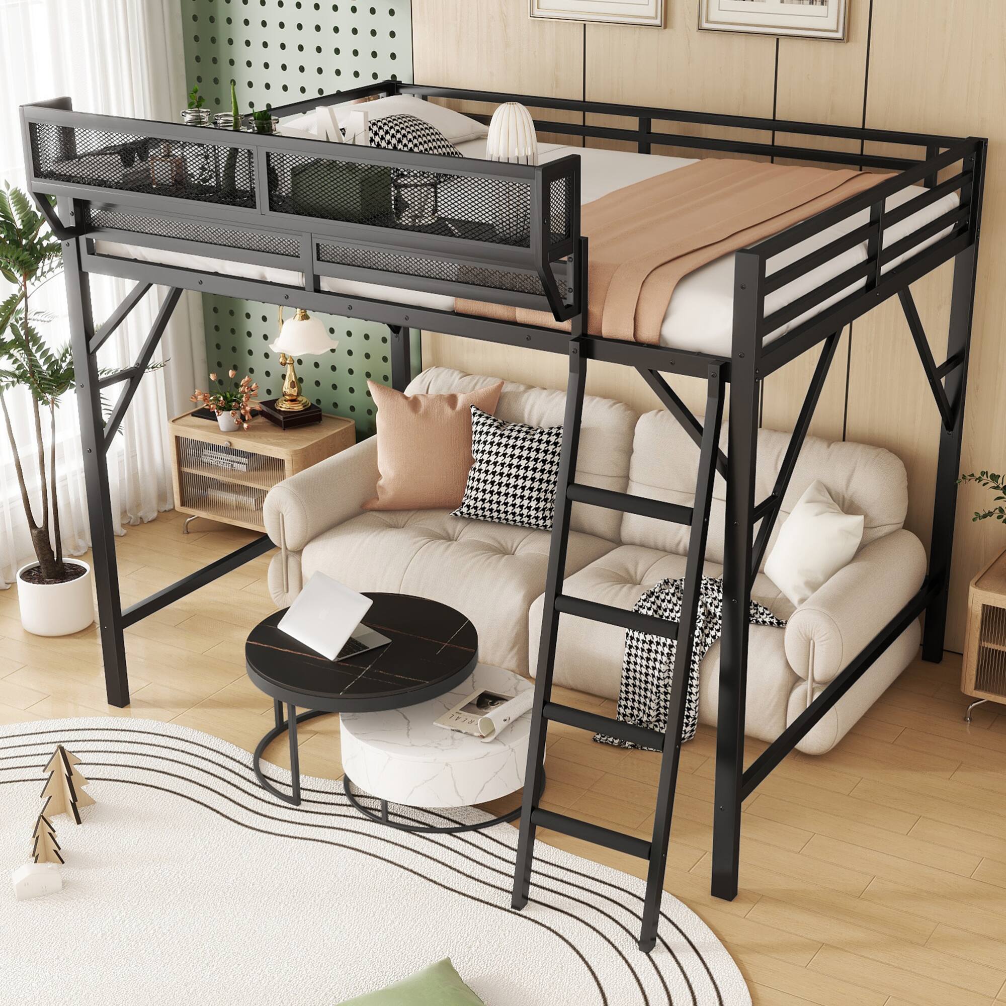 Left. GOODSILO - Full Size Metal Loft Bed with Storage Shelves and Ladder for Kids and Teens - Black.