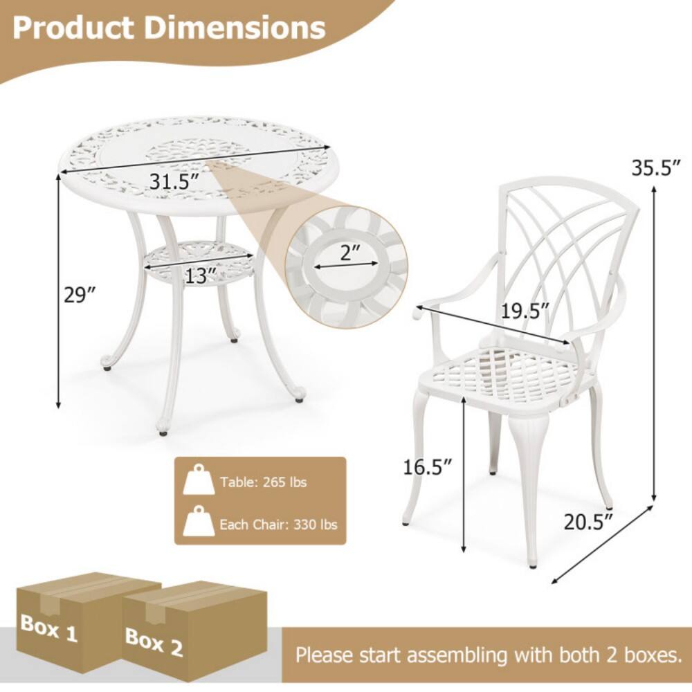 Product Dimensions:  
- Table: 31.5" (diameter), 29" (height), 13" (leg height), 2" (thickness)  
- Each Chair: 35.5" (height), 19.5" (seat width), 16.5" (seat depth), 20.5" (seat height)  

Table: 265 lbs  
Each Chair: 330 lbs  

Box 1  
Box 2  

Please start assembling with both 2 boxes.