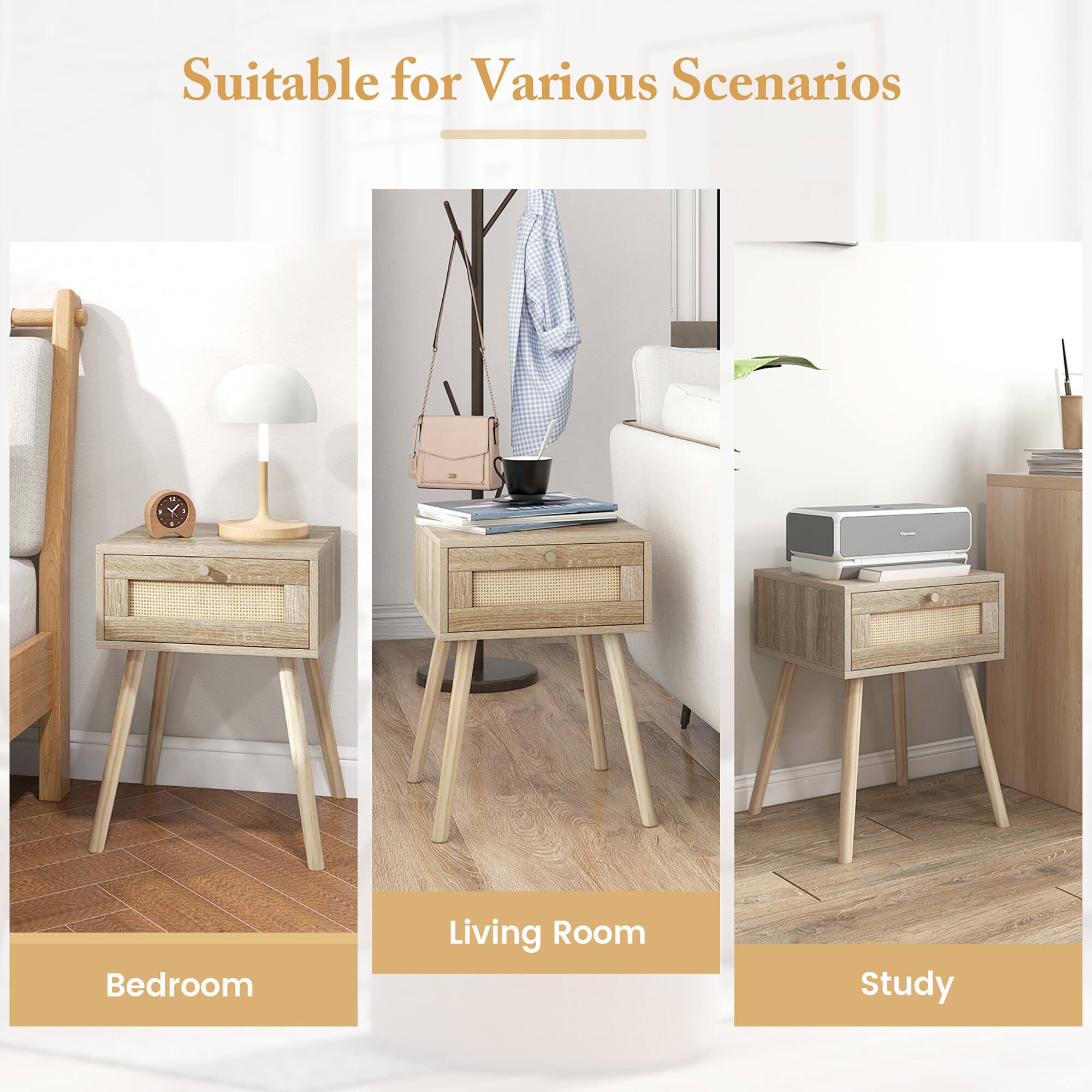 Costway Nightstand Bedside End Sofa Table with Rattan Drawer for