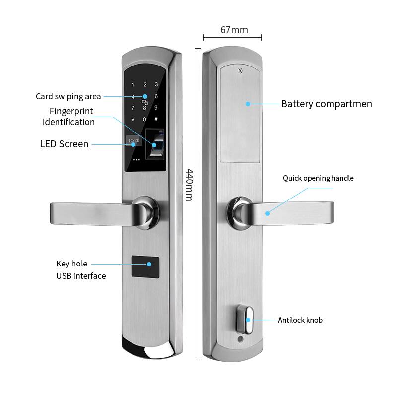 67mm  
1 Card swiping area  
Fingerprint Identification  
1 2 3  
4 5 6  
7 8 9  
* 0 #  
LED Screen 12:20 ...  
440mm  
Quick opening handle  
Key hole  
USB interface  
Antilock knob  
Battery compartment