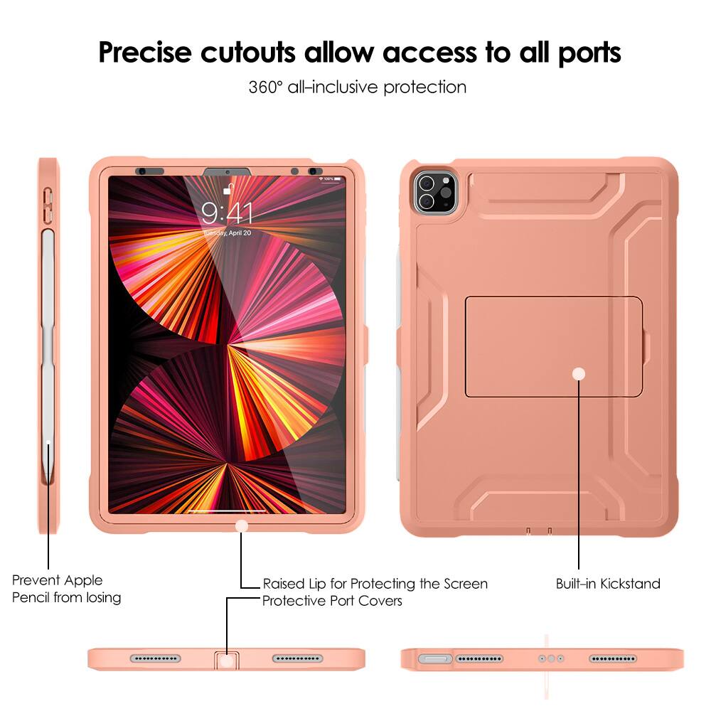 Precise cutouts allow access to all ports  
360° all-inclusive protection  

- Prevent Apple Pencil from losing  
- Raised Lip for Protecting the Screen  
- Protective Port Covers  
- Built-in Kickstand
