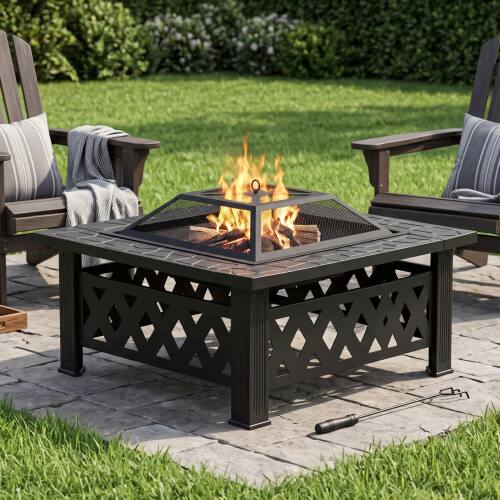 Alt View 10. Winado - 32in Metal Fire Pit Stove, 3-in-1 Square Wood Burning Firepit Table with Cover for Outdoor Camping Garden Party Picnic - Black-Diamond Pattern.